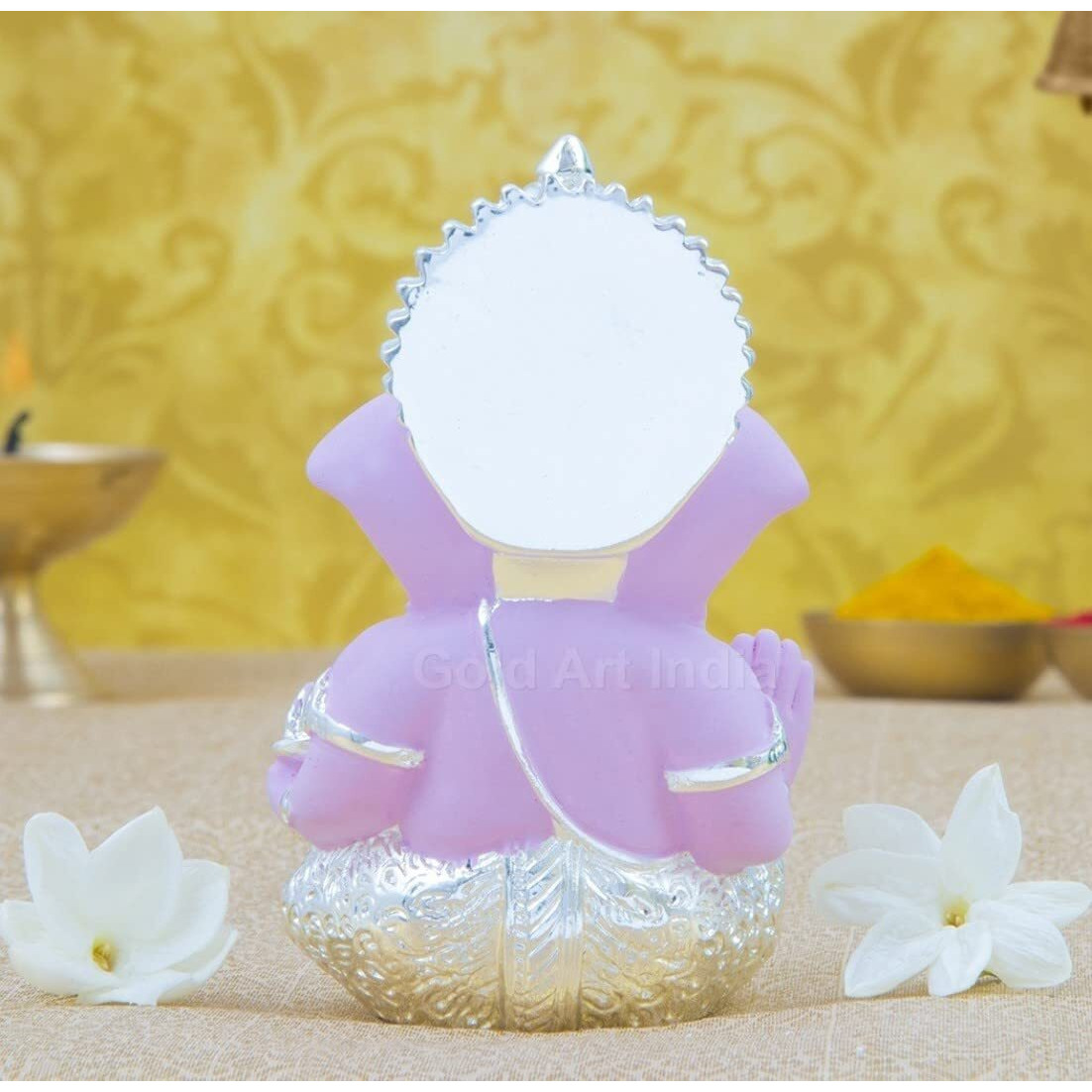 Gold Art India Ganesh Idol for Car Dashboard Ganesha Murti Ganpati Idol for Home Decor Puja Lord Ganesh Statue Gift for Office Desk Puja Room Figurine (Silver Pink)