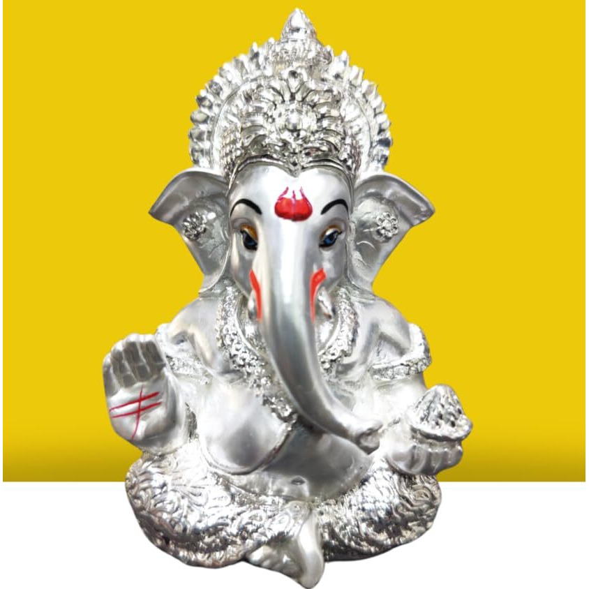 Gold Art India Ganesha/Ganpati Silver Emery Finish | 999 Silver Plated | Niche & Premium Dcor | Car Dashboard | Office Desk |(MUKUTSILVERMERY 3.3) (Silver Plated)