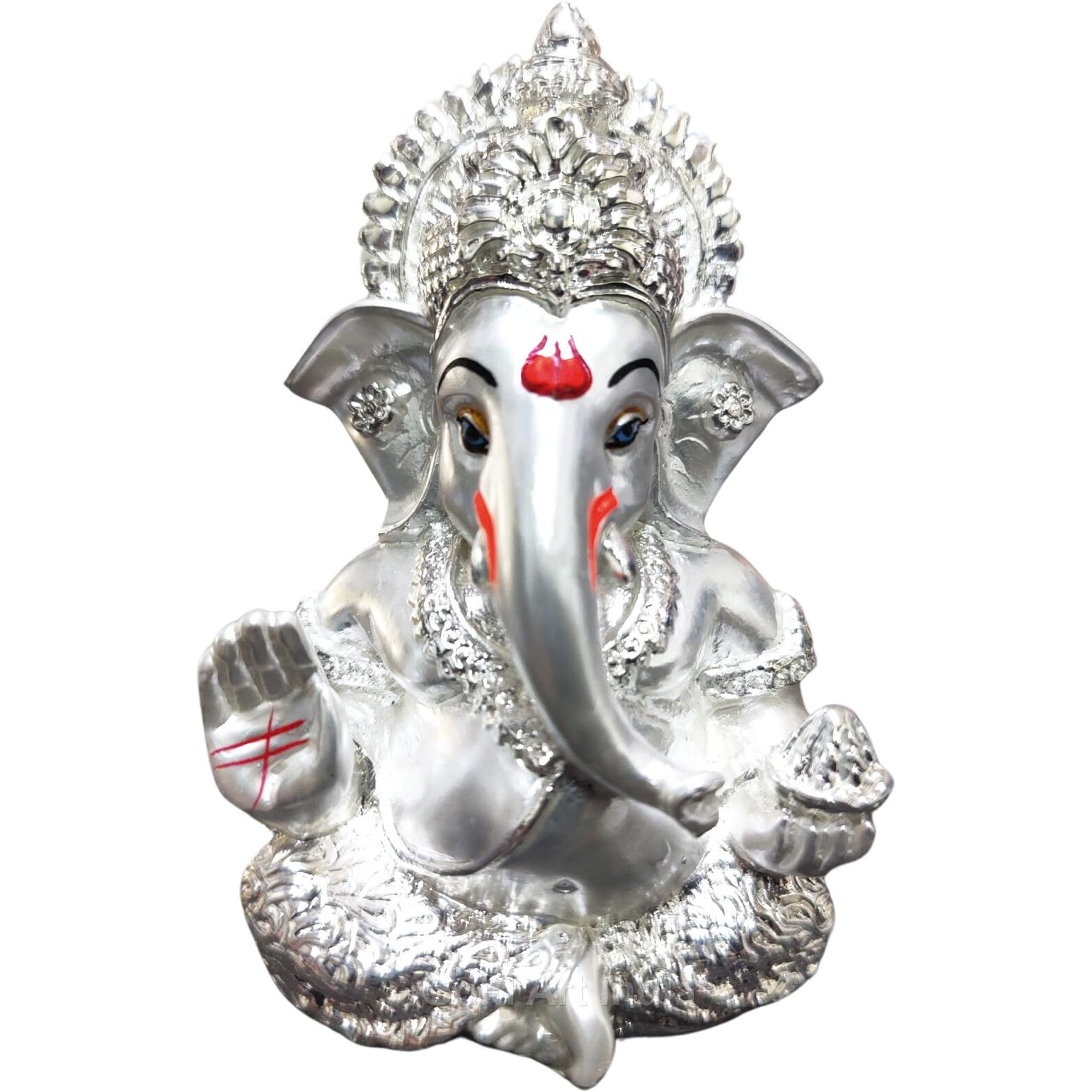 Gold Art India Ganesha/Ganpati Silver Emery Finish | 999 Silver Plated | Niche & Premium Dcor | Car Dashboard | Office Desk |(MUKUTSILVERMERY 3.3) (Silver Plated)
