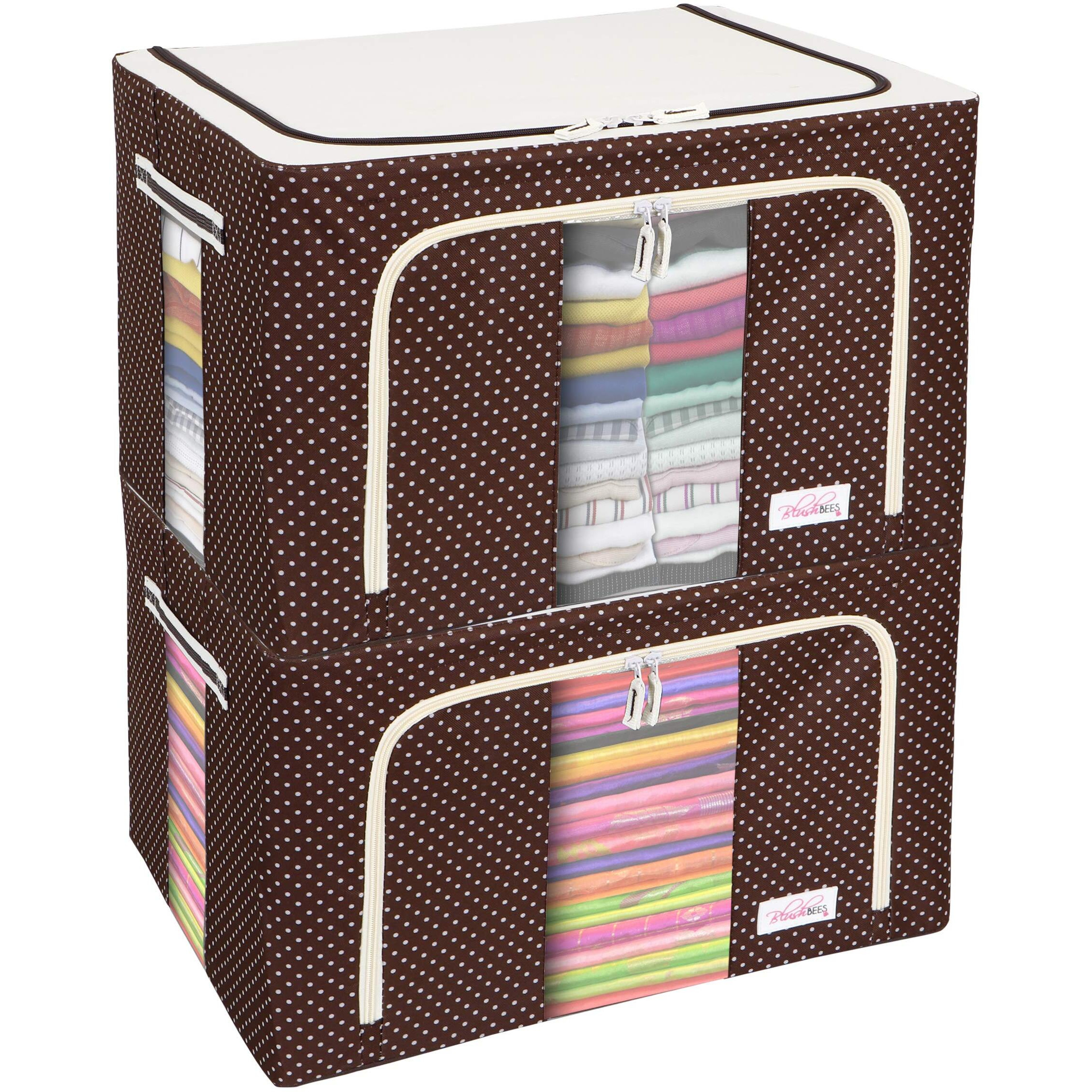 BlushBees  Oxford Fabric Living Box Clothes Organiser for Wardrobe Storage Boxes for Clothes with Zip (66 L, Polka Dots Brown) - Pack of 2