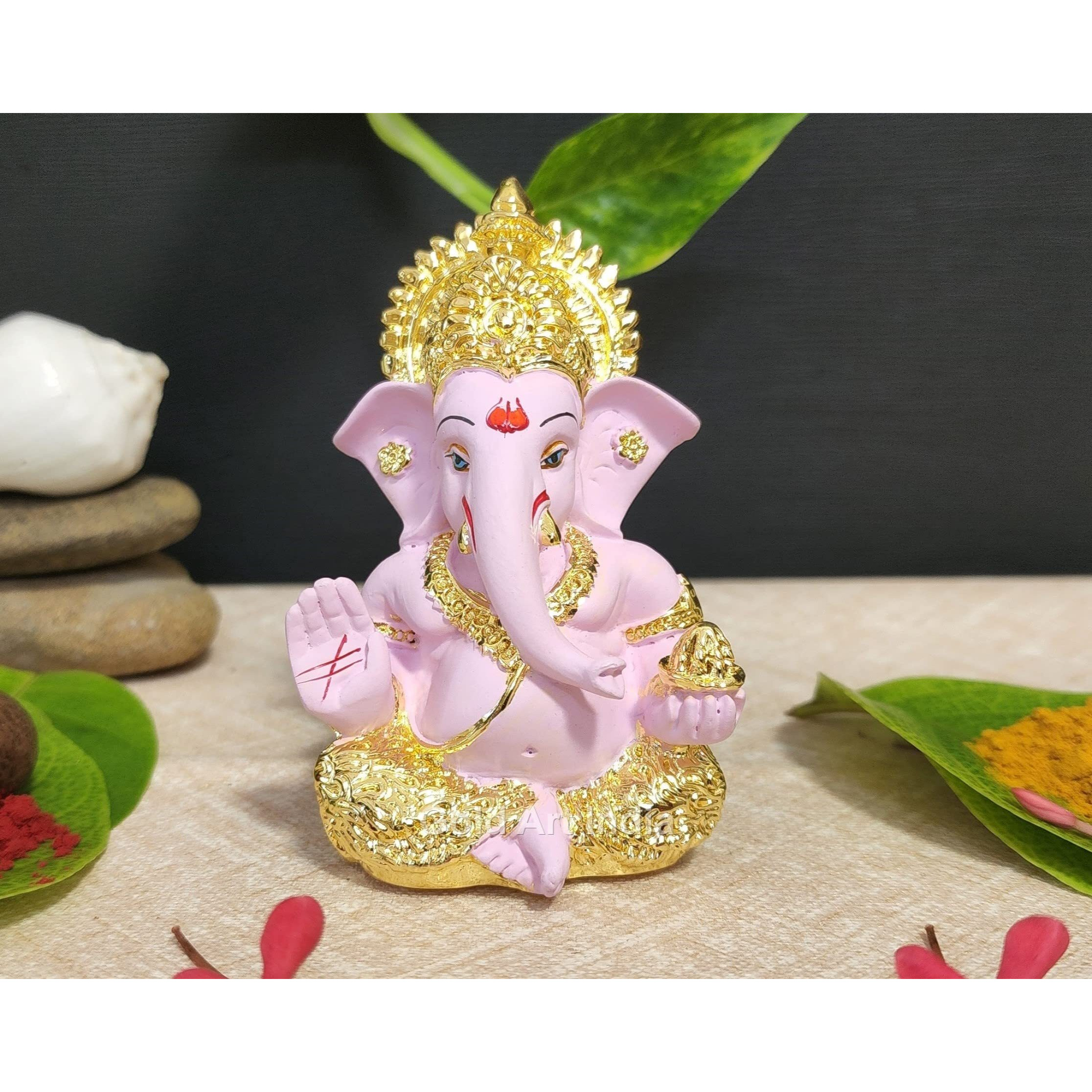 Gold Art India Pink Gold Ganesh Idol for Car Dashboard Ganesha Murti Ganpati Idol for Home Decor Puja Lord Ganesh Statue Gift for Office Desk Puja Room Figurine