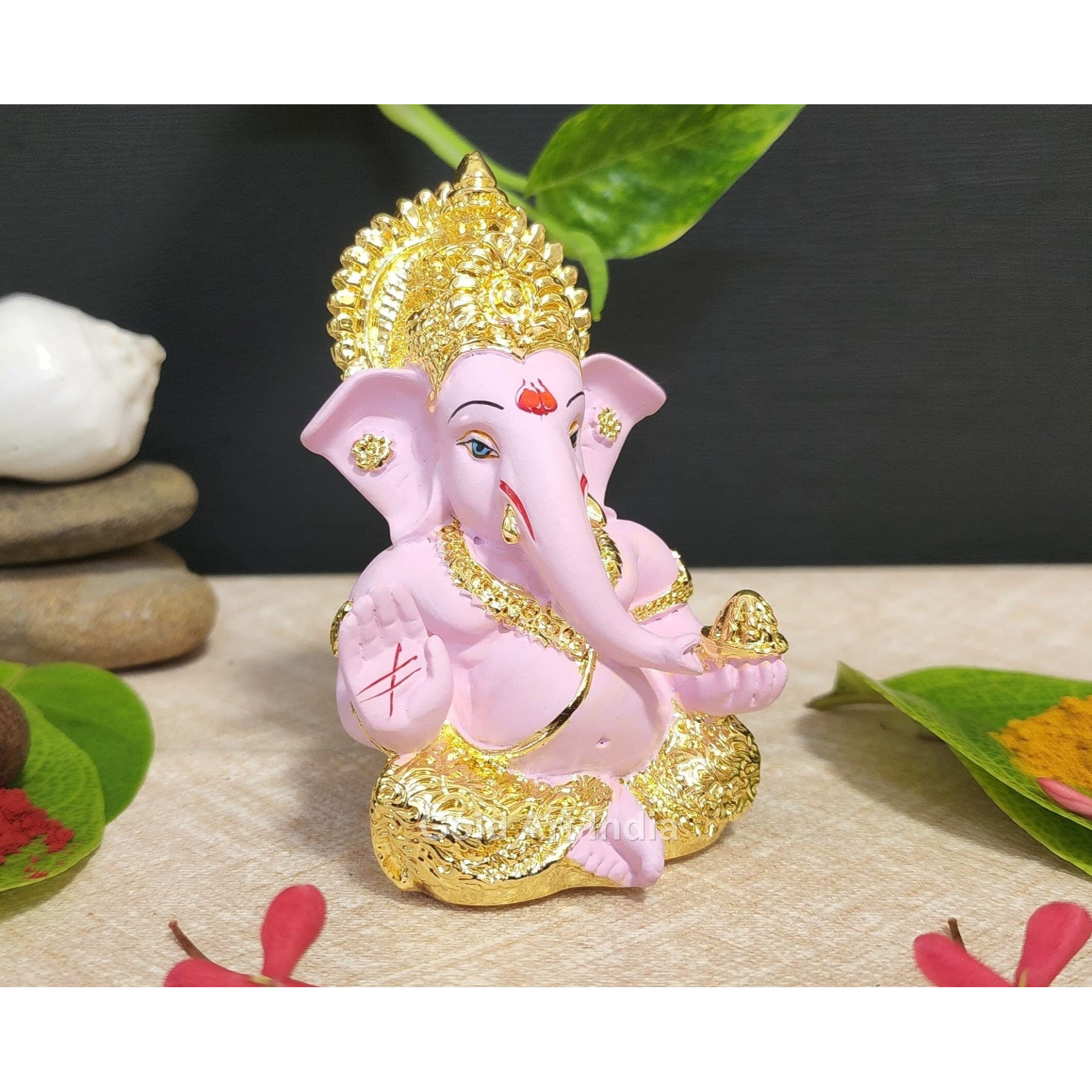 Gold Art India Pink Gold Ganesh Idol for Car Dashboard Ganesha Murti Ganpati Idol for Home Decor Puja Lord Ganesh Statue Gift for Office Desk Puja Room Figurine