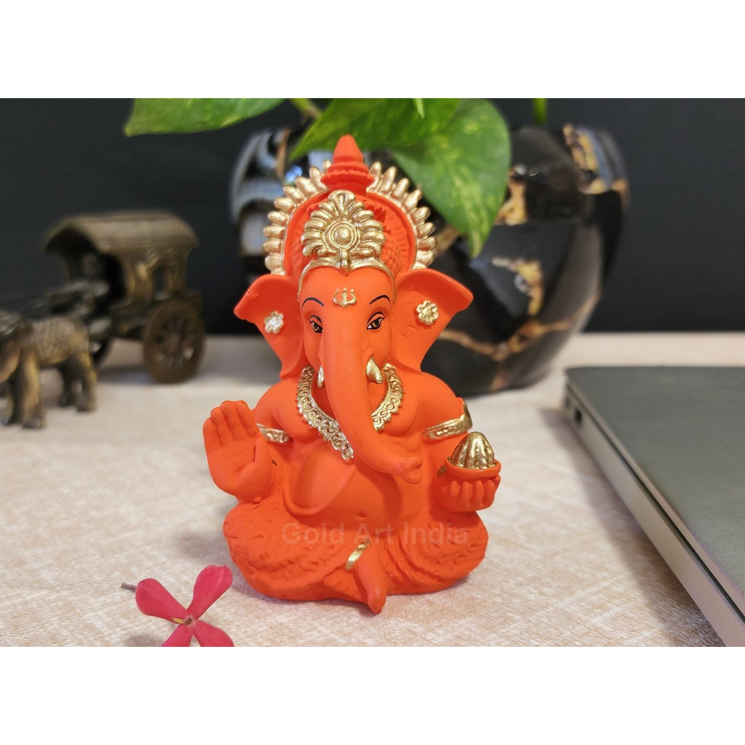 Gold Art India Handmade Orange Terracotta Ganesha - Ideal for Car/Home/Office/Gifting - 3.5 inches x 2 inches(MukutOrangeTerracotta)