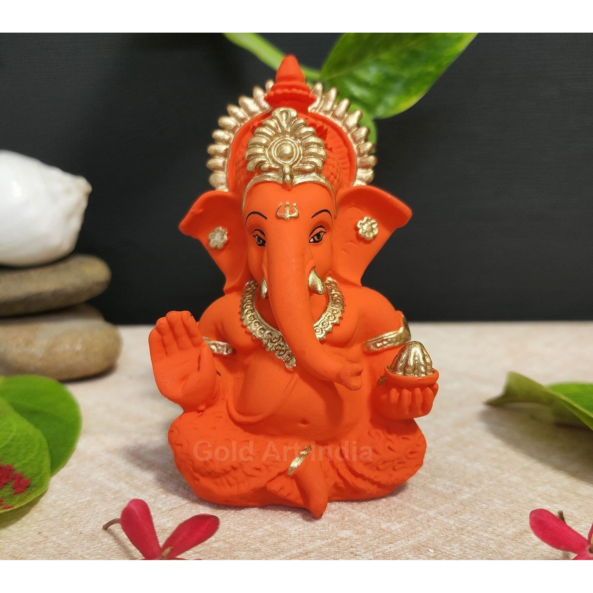 Gold Art India Handmade Orange Terracotta Ganesha - Ideal for Car/Home/Office/Gifting - 3.5 inches x 2 inches(MukutOrangeTerracotta)