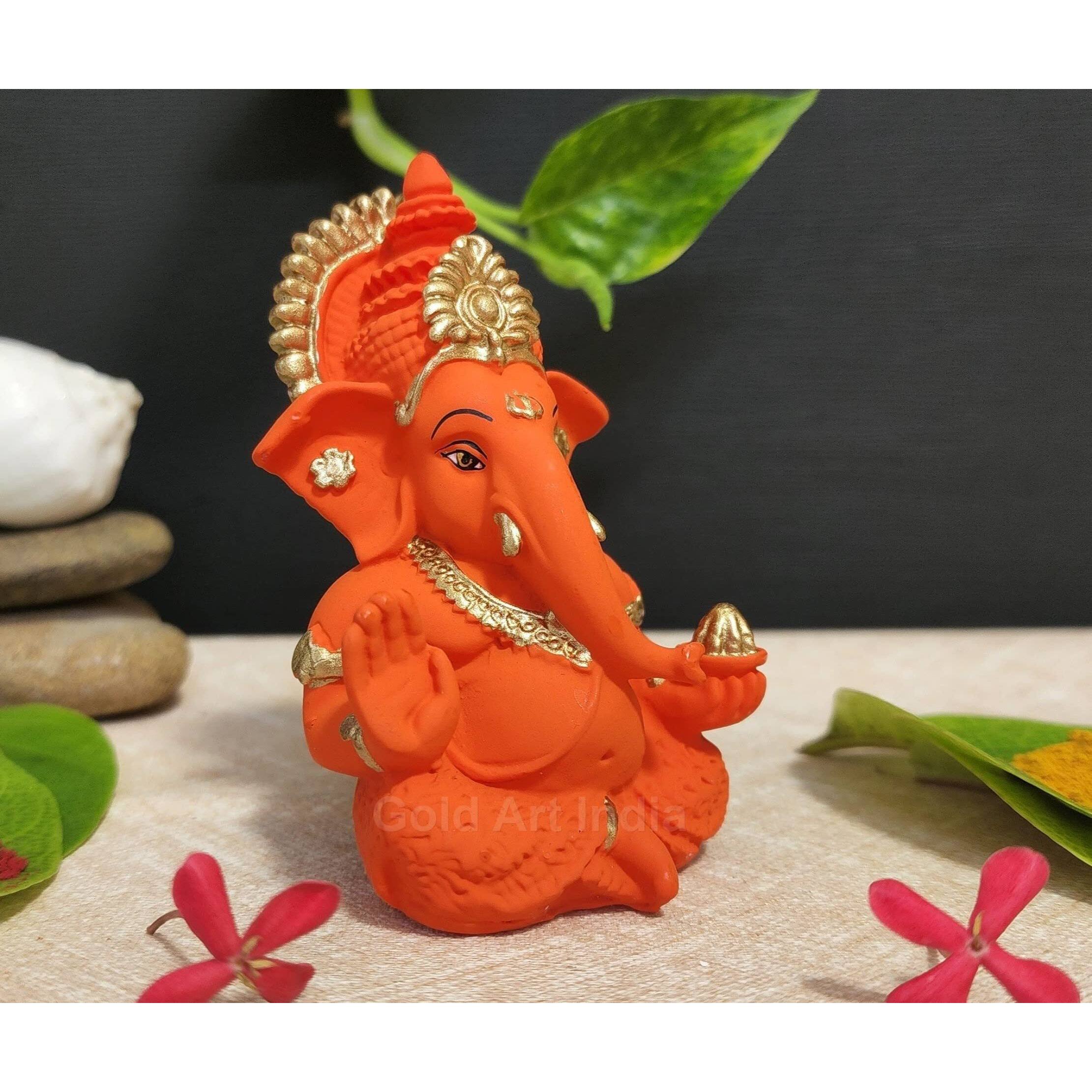 Gold Art India Handmade Orange Terracotta Ganesha - Ideal for Car/Home/Office/Gifting - 3.5 inches x 2 inches(MukutOrangeTerracotta)