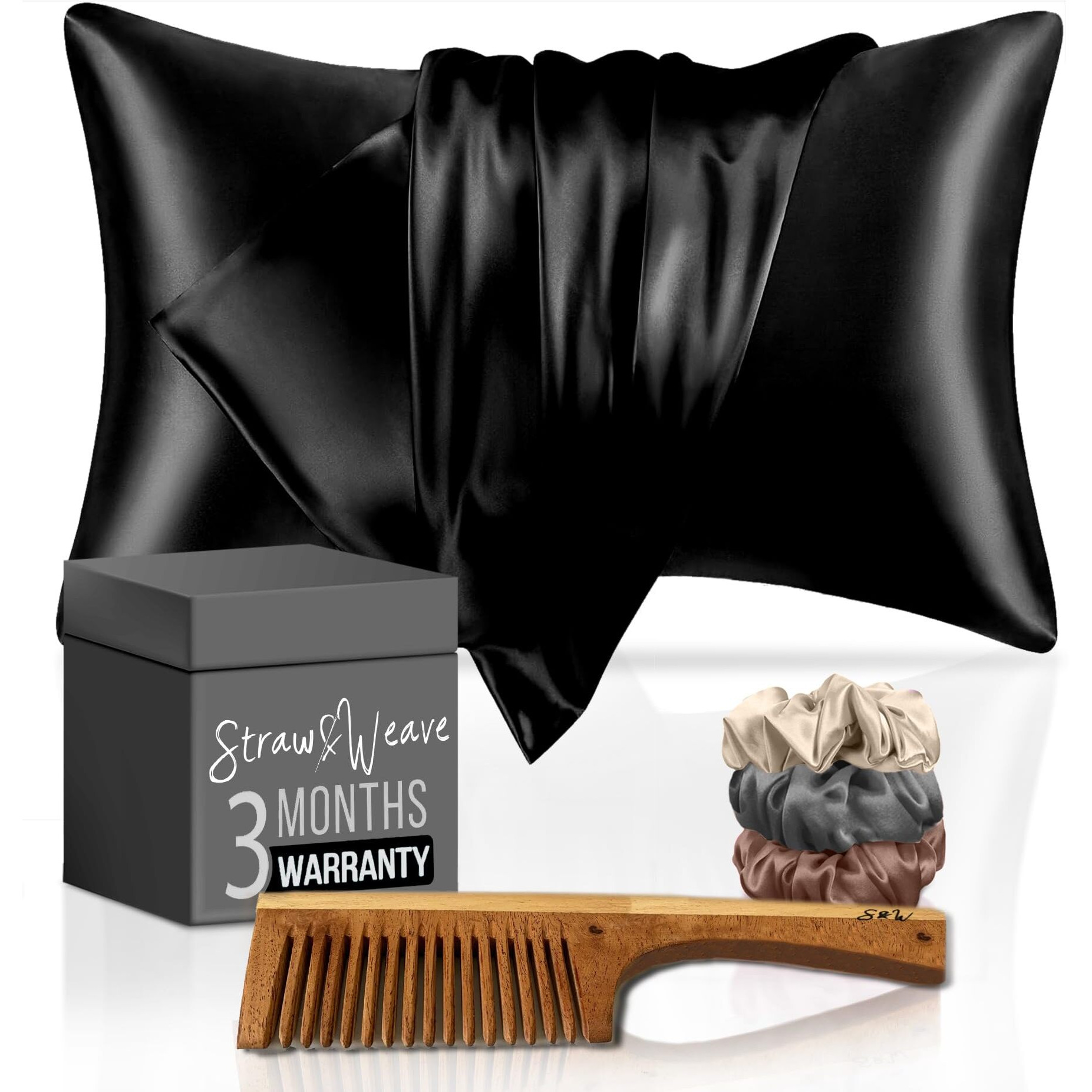 Wooden Comb & Satin Hair Accessories for Women | 3 Months Warranty | with 2 Pillow Cover, 3 Scrunchies & 1 Kachi Neem Comb | Satin Silk Pillow Covers for Hair and Skin