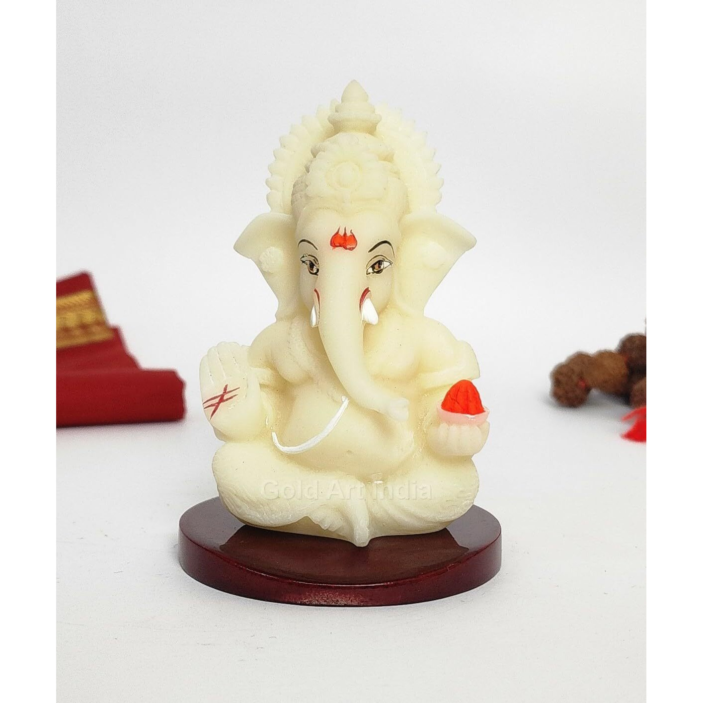 Gold Art India Ganesha Idol | Ganesh Statue for Home Decor | Ganesha murti for Office Desk, & Ganpati Idol for Car Dashboard | Unique Wedding & Birthday Gift (IVORYMDF 3.5)