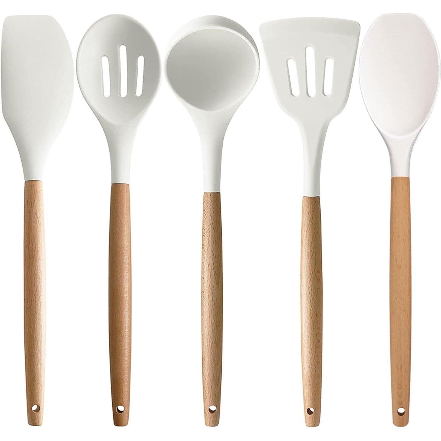 5 Piece Silicone spatulas Wooden Handle Non-Stick Silicone Spatula,BPA Free Non Toxic Wooden Handle Spatula Set Used for Bake & Cooking (Cream, 5)