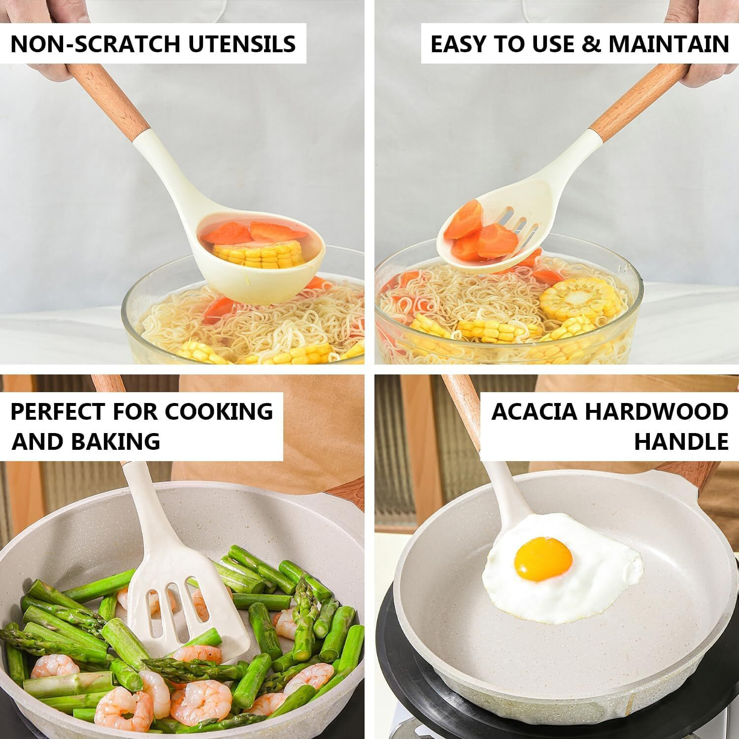5 Piece Silicone spatulas Wooden Handle Non-Stick Silicone Spatula,BPA Free Non Toxic Wooden Handle Spatula Set Used for Bake & Cooking (Cream, 5)