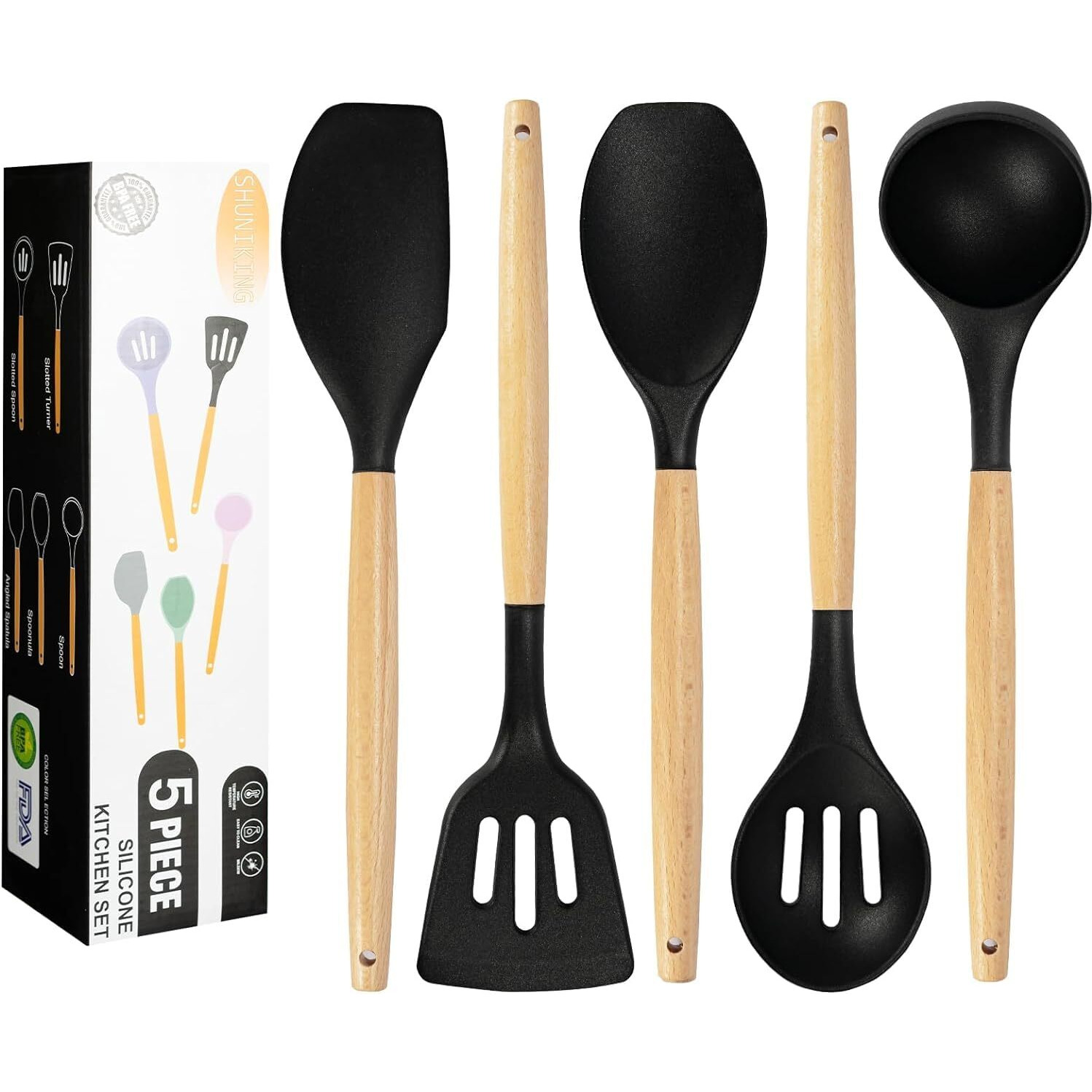 5 Piece Silicone spatulas Wooden Handle Non-Stick Silicone Spatula,BPA Free Non Toxic Wooden Handle Spatula Set Used for Bake & Cooking (Black, 5)