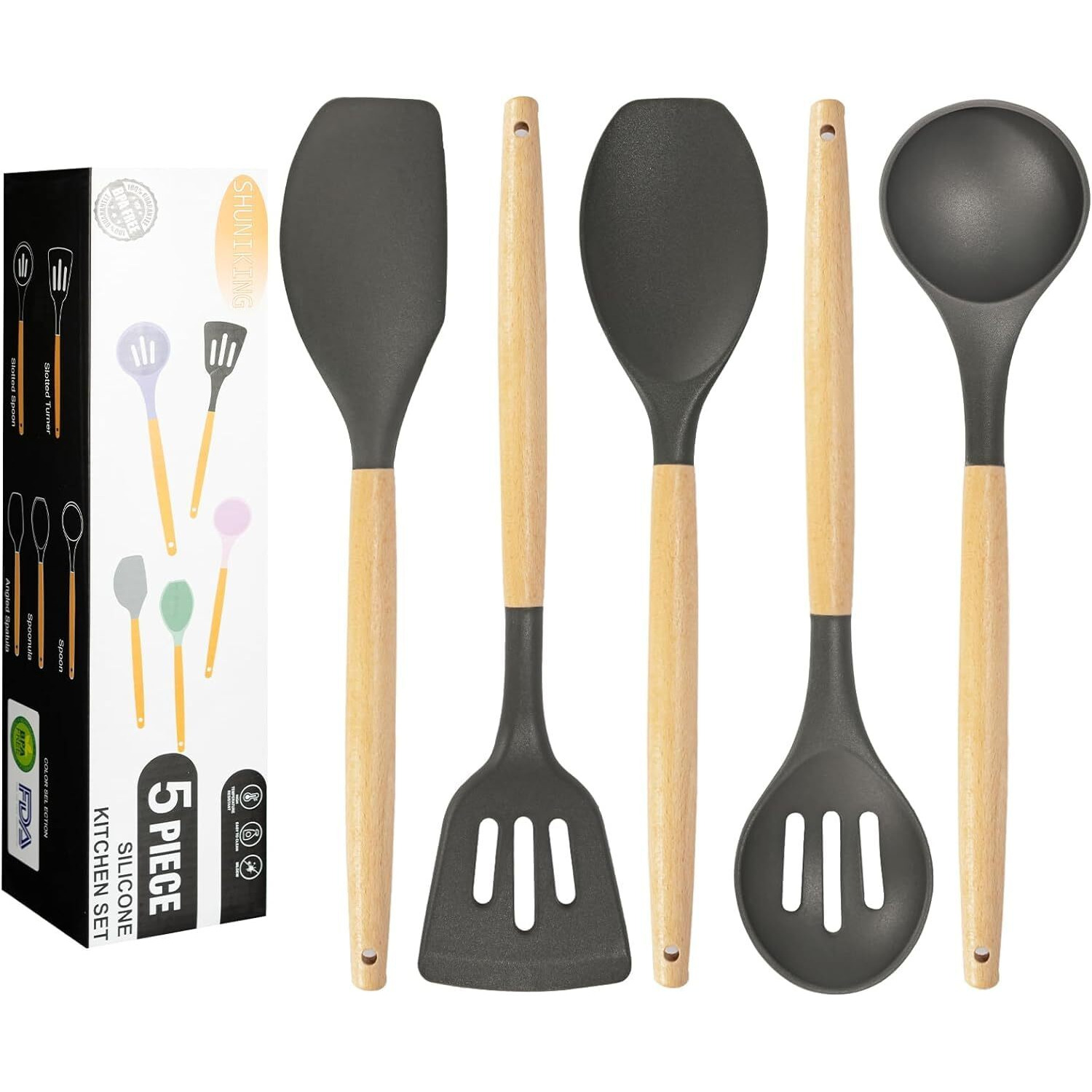 5 Piece Silicone spatulas Wooden Handle Non-Stick Silicone Spatula,BPA Free Non Toxic Wooden Handle Spatula Set Used for Bake & Cooking (Grey, 5)