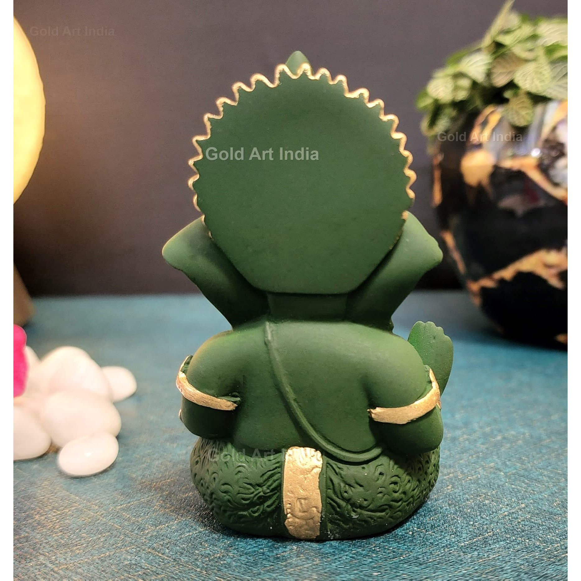 Gold Art India Lord Ganesha for Car Dashboard Forest Green Terracotta Mukut Ganesha Murti Ganpati Idol for Home Decor Puja Lord Ganesh Statue Gift for Office Desk Puja Room Figurine