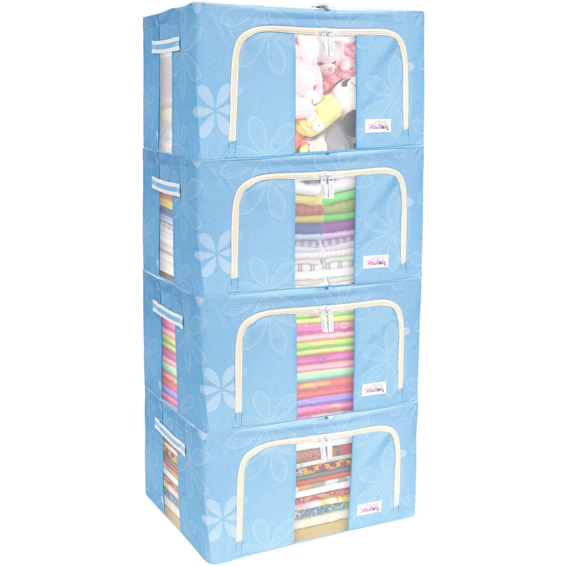 BlushBees Oxford Fabric Living Box - Storage Boxes For Clothes, Saree Cover - 55 Litre, Pack of 4, Blue