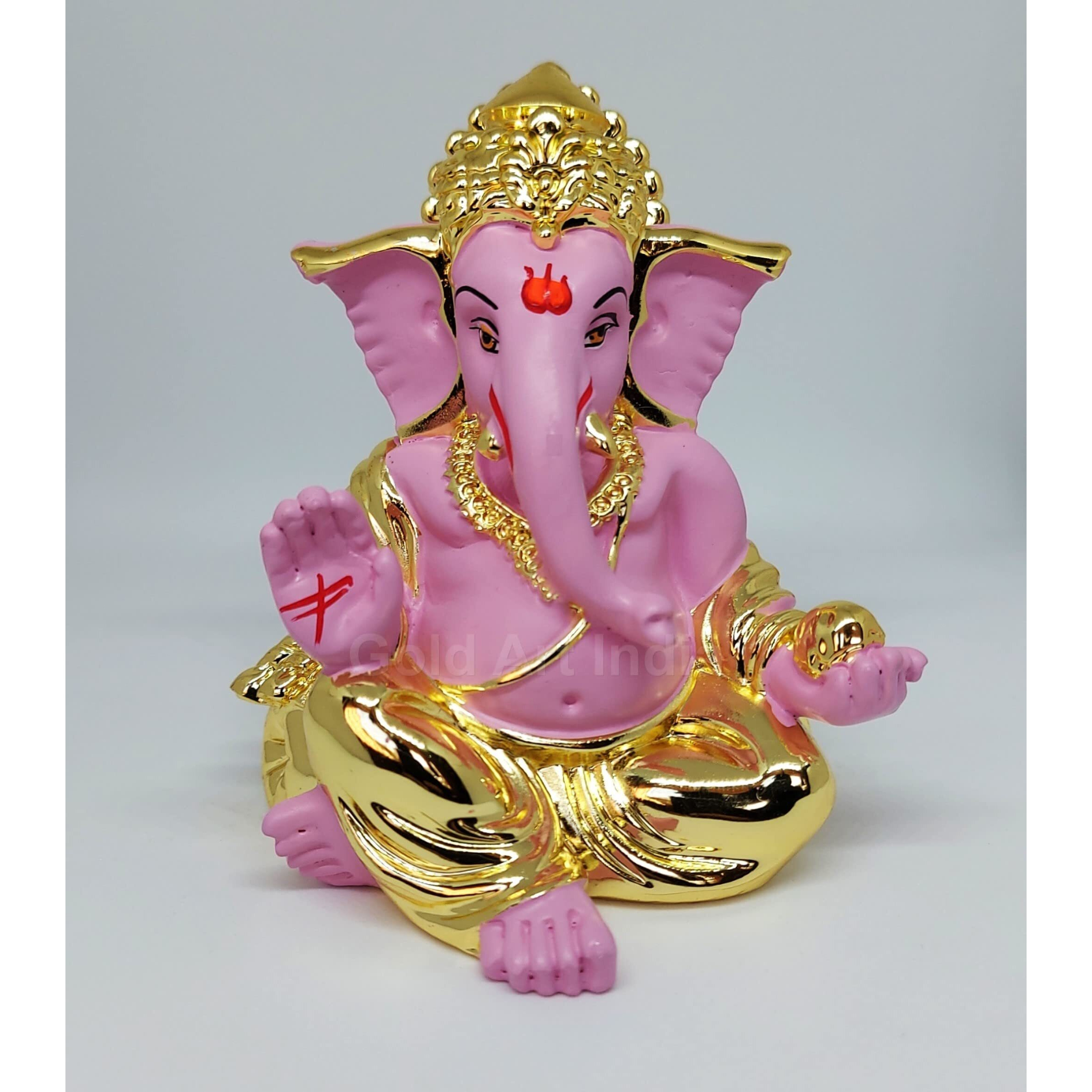 Gold Art India Gold Plated Gaddi Ganesh Idol for Car Dashboard Ganesha Murti Ganpati Idol for Home Decor Puja Lord Ganesh Statue Gift for Office Desk Puja Room Figurine Gold Pink