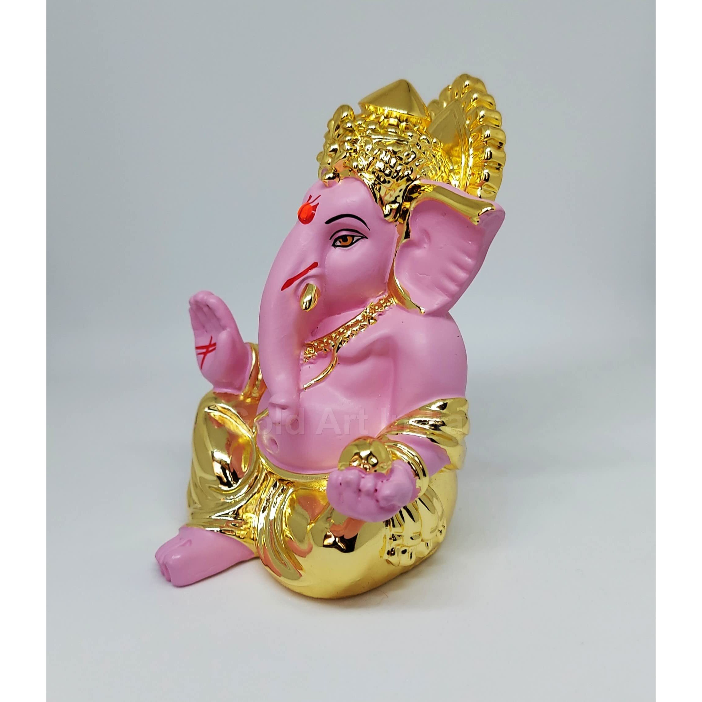 Gold Art India Gold Plated Gaddi Ganesh Idol for Car Dashboard Ganesha Murti Ganpati Idol for Home Decor Puja Lord Ganesh Statue Gift for Office Desk Puja Room Figurine Gold Pink