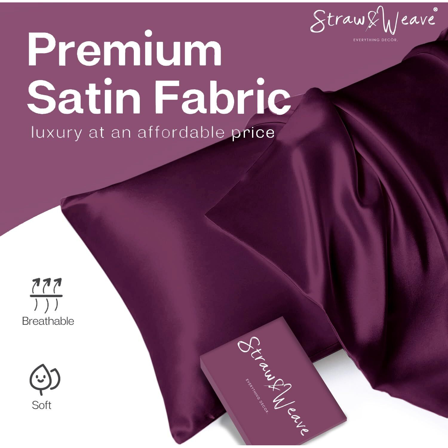 STRAW&WEAVE Satin Silk Solid 600 Thread Count Pillow Covers For Hair&Skin 3 Months Warranty With 2 Pcs Pillow Cover,3 Satin Scrunchies & 1 Hair Clips For Women