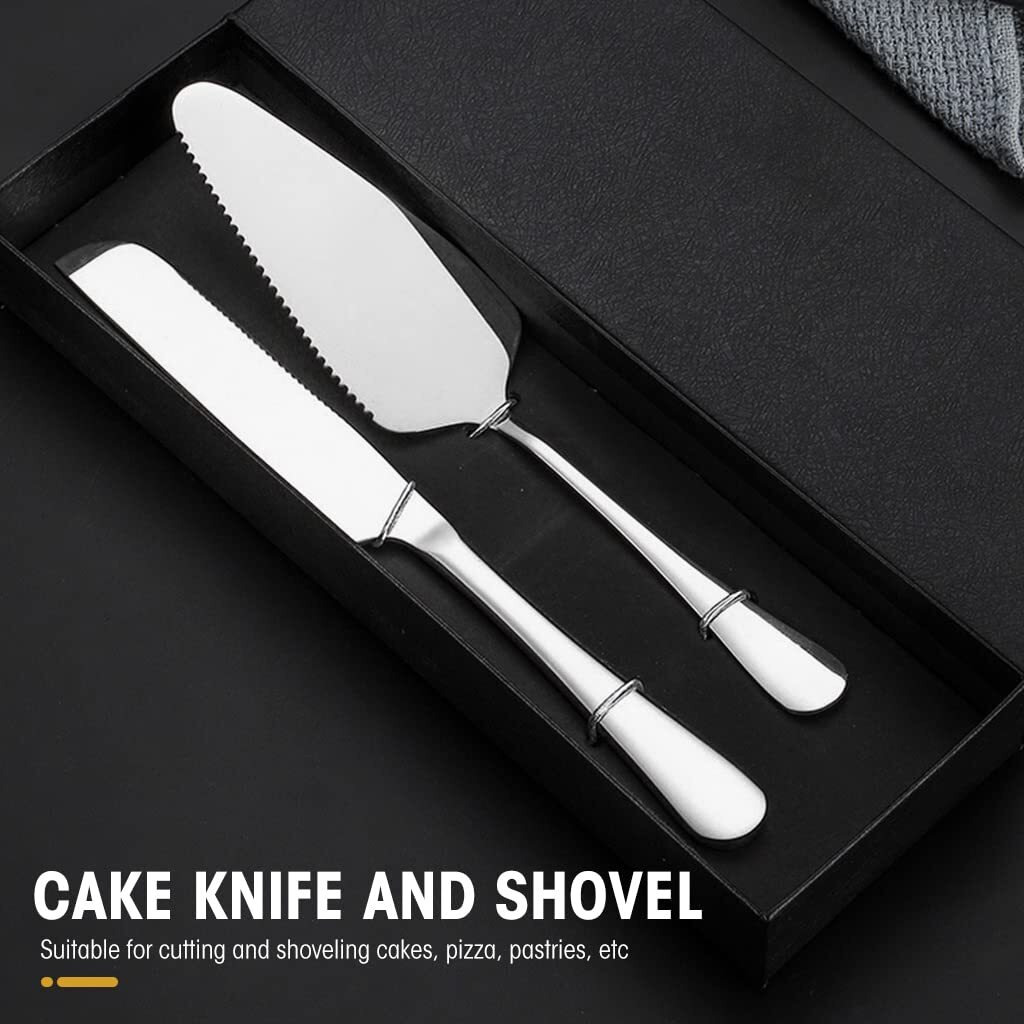 HASTHIP Cake Cutting Knife Set, Elegant Stainless Steel Cake Knife and Cake Server Set, Cake Cutter and Pie Spatula for Birthday Anniversary Christmas Gift Set of 2, Silver