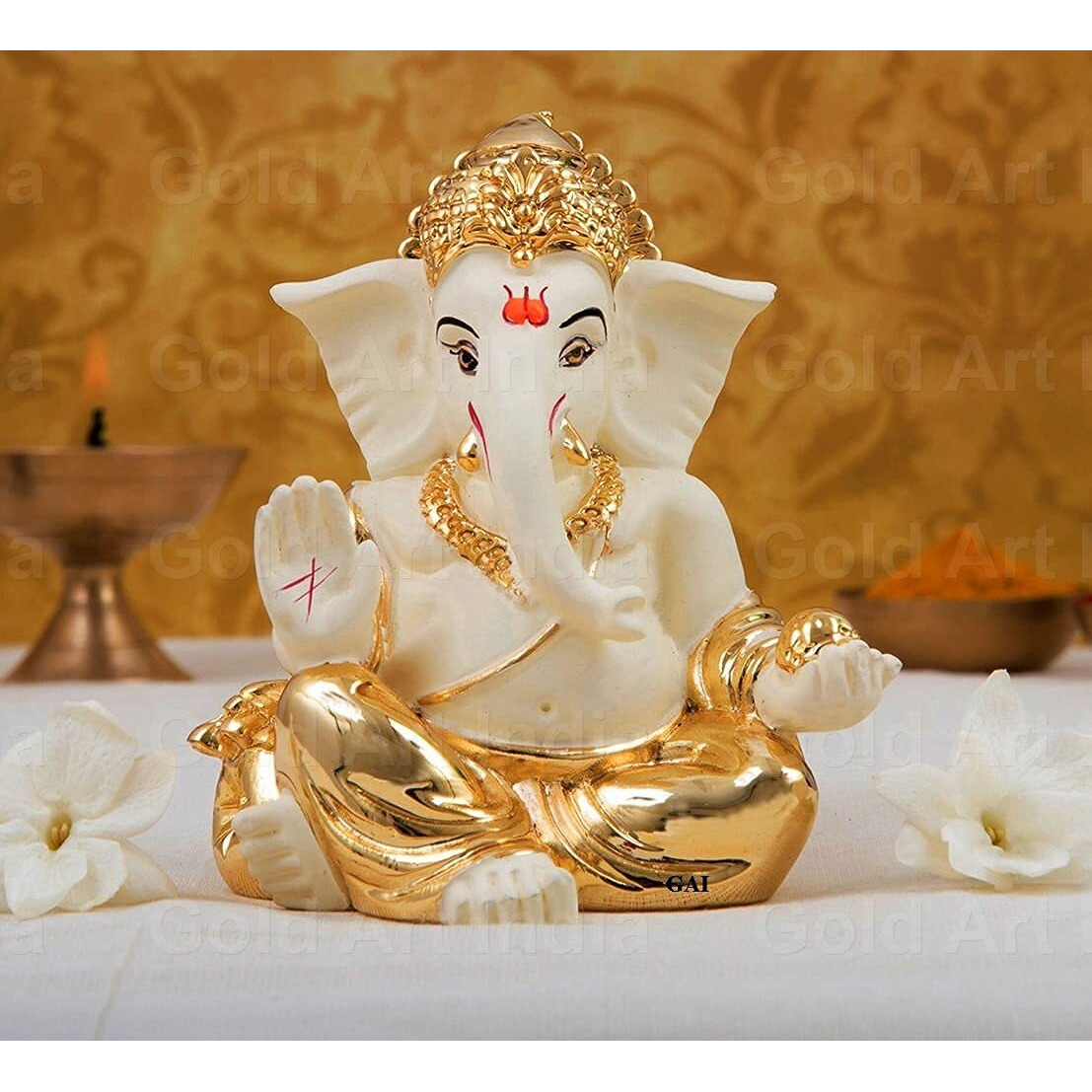 Gold Art India Gold plated gaddi Ganesh Idol For Car Dashboard Ganesha Murti Ganpati Idol For Home Decor Puja Lord Ganesh Statue Gift For Office Desk Puja Room Figurine