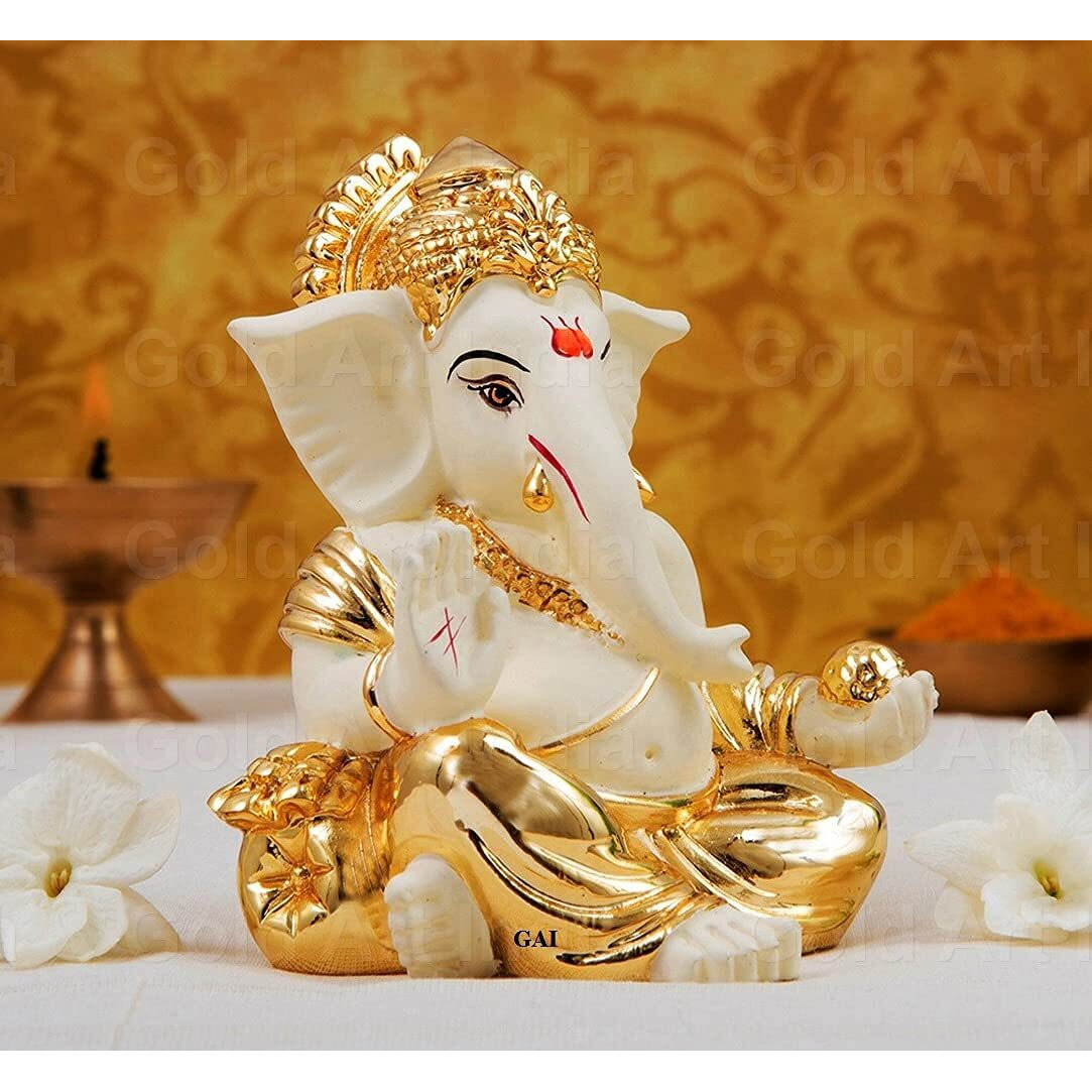 Gold Art India Gold plated gaddi Ganesh Idol For Car Dashboard Ganesha Murti Ganpati Idol For Home Decor Puja Lord Ganesh Statue Gift For Office Desk Puja Room Figurine
