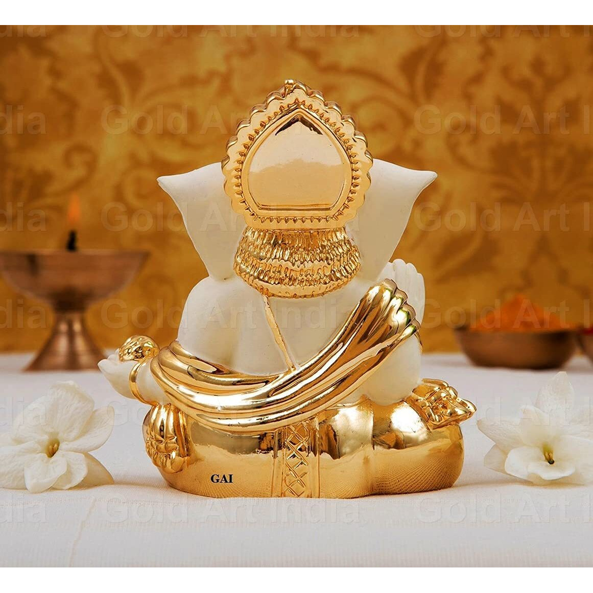 Gold Art India Gold plated gaddi Ganesh Idol For Car Dashboard Ganesha Murti Ganpati Idol For Home Decor Puja Lord Ganesh Statue Gift For Office Desk Puja Room Figurine