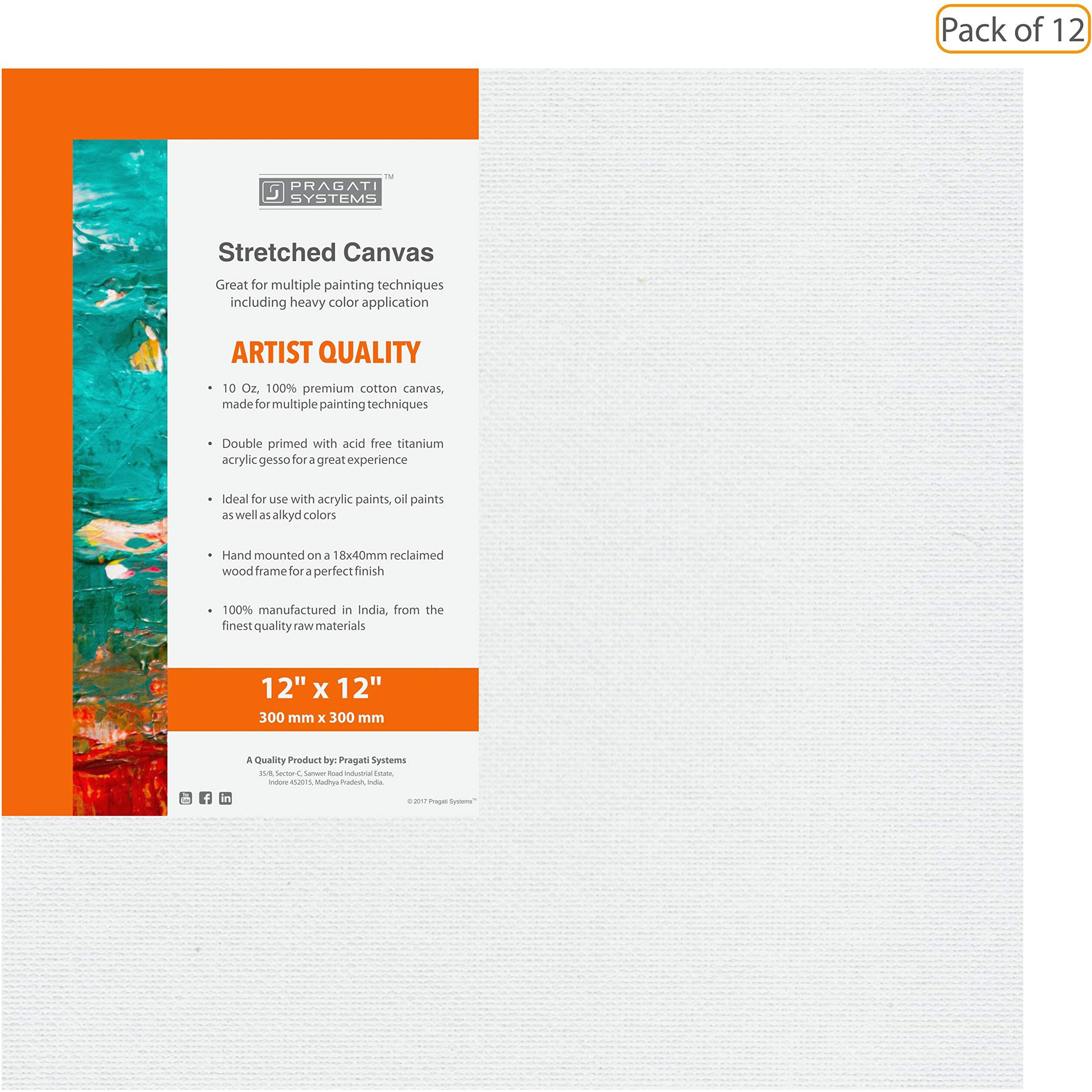 Pragati Systems Medium Grain 12x12 Inch 10 Oz. Primed Cotton Pre Stretched Canvas with Wooden Frame for Painting ACS1212, White (Pack of 12)