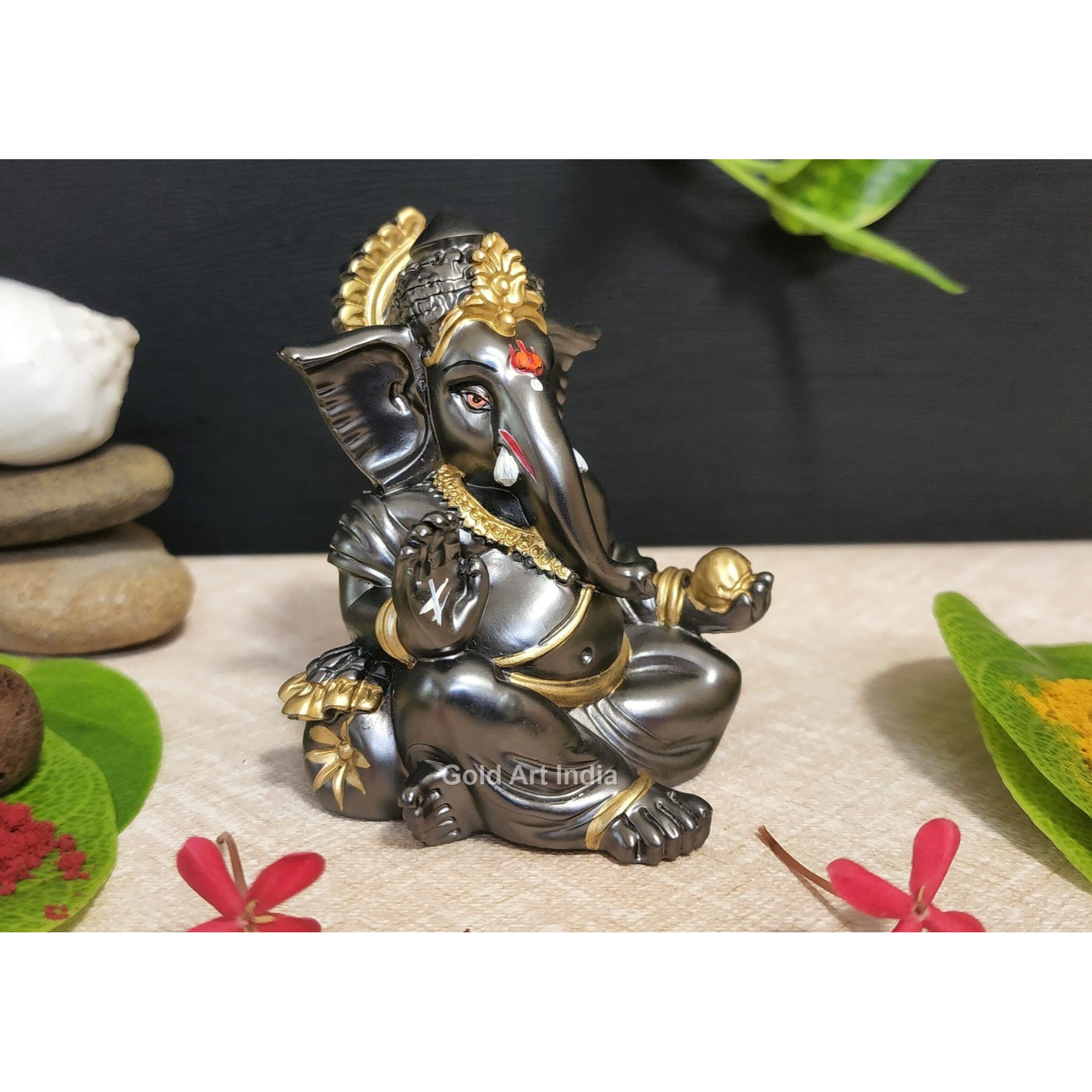 Gold Art India Gaddi Ganesha Idol (3.5) - Magnet Color with Golden Jewelry - Perfect for Car Dashboards, Offices, and Homes