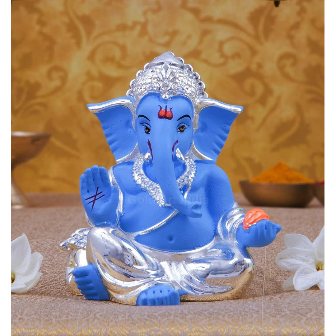 Gold Art India Silver Plated Gaddi Ganesha for Car Dashboard Home Decor Ganesh Idol for Car Dashboard Ganesha Murti Ganpati Idol for Home Decor Puja Lord Ganesh Statue Gift