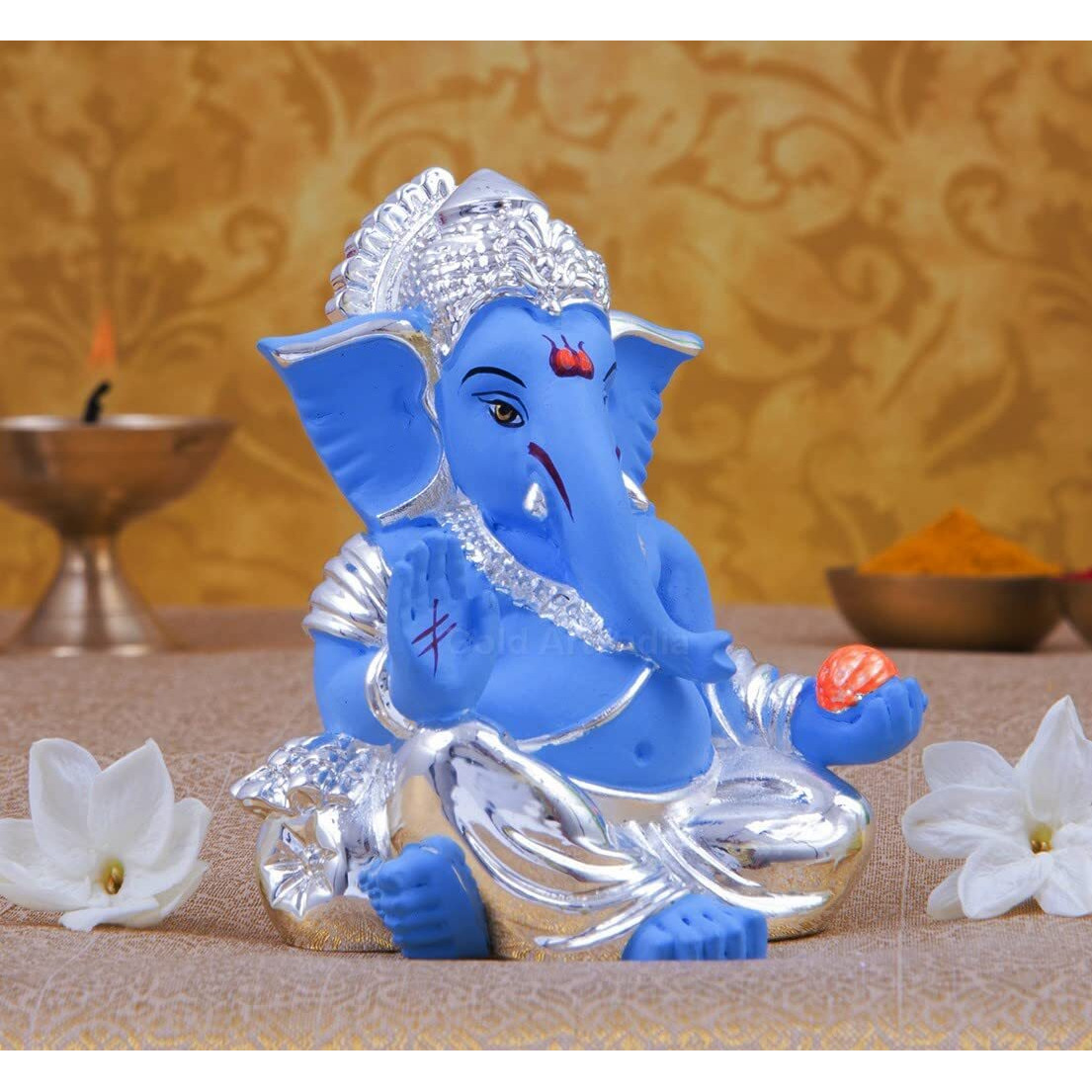 Gold Art India Silver Plated Gaddi Ganesha for Car Dashboard Home Decor Ganesh Idol for Car Dashboard Ganesha Murti Ganpati Idol for Home Decor Puja Lord Ganesh Statue Gift