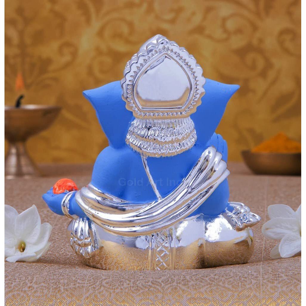Gold Art India Silver Plated Gaddi Ganesha for Car Dashboard Home Decor Ganesh Idol for Car Dashboard Ganesha Murti Ganpati Idol for Home Decor Puja Lord Ganesh Statue Gift