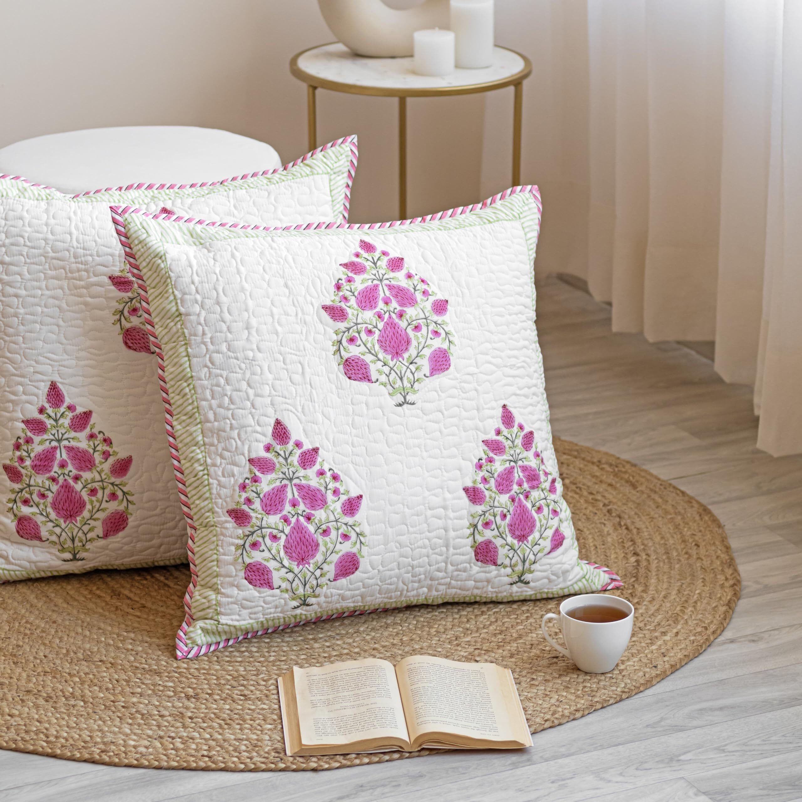 HOMEMONDE Quilted 24 X 24 Inches Soft Throw Cushion Cover - Pack Of 2 Jaipuri Hand Block Print Cotton Pillow Covers, Pink, 300 TC