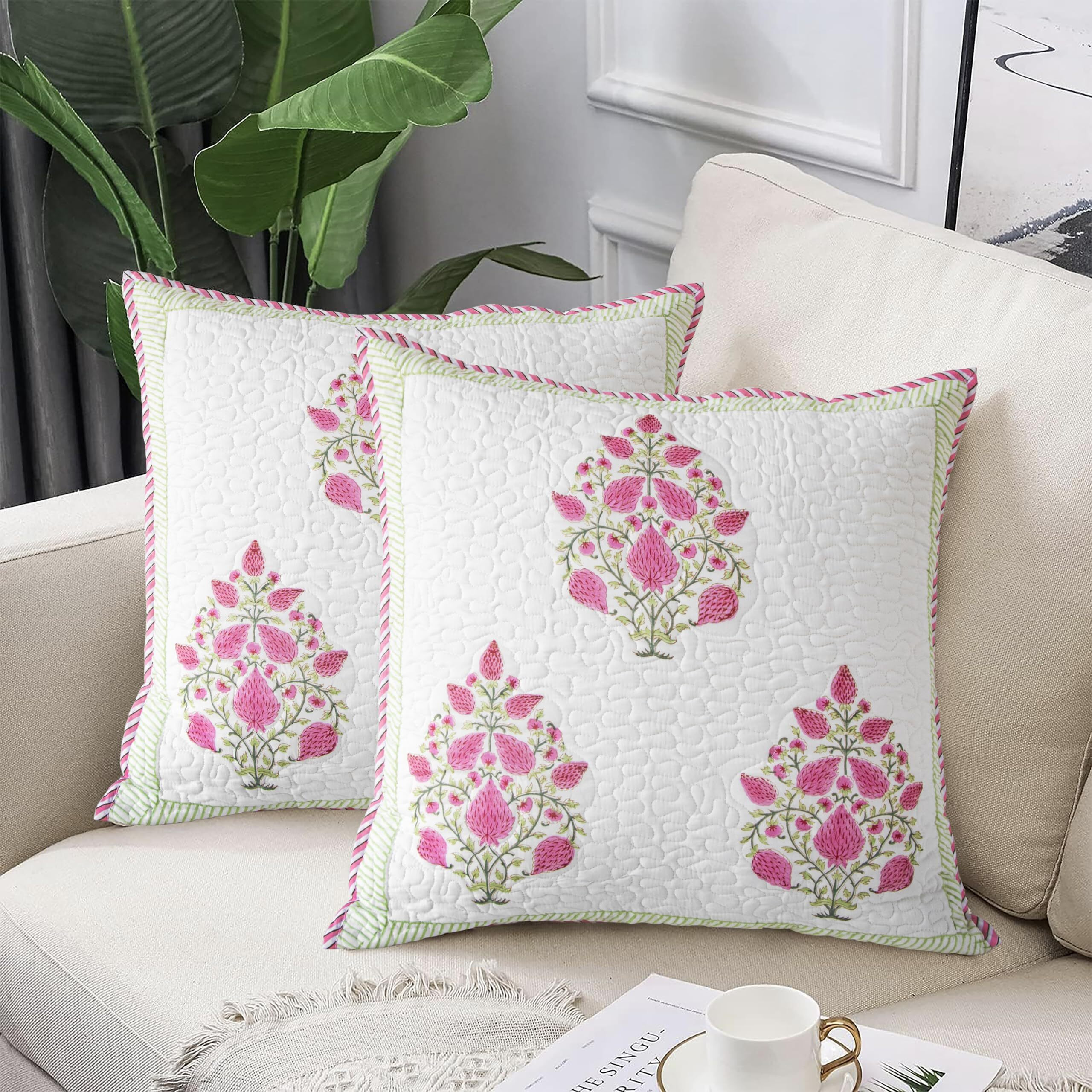 HOMEMONDE Quilted 24 X 24 Inches Soft Throw Cushion Cover - Pack Of 2 Jaipuri Hand Block Print Cotton Pillow Covers, Pink, 300 TC