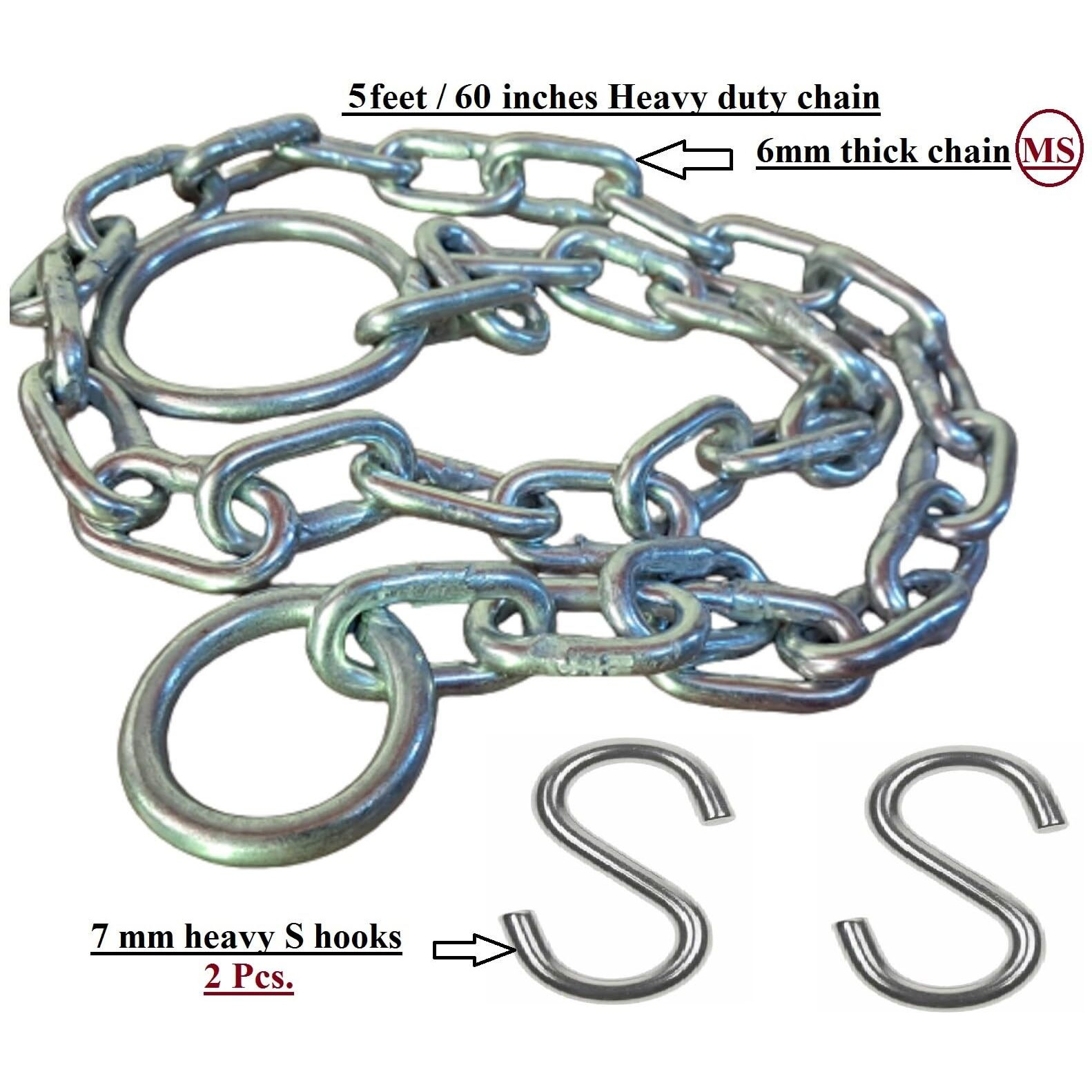 Q1 Beads 5 Feet Metal Lock Chain Strong & Heavy Duty Made in 6 mm Rod 200 KGS Capacity for Travel & Safety, Garden Swing/Playing Jhula Chain with 2 Pcs. S Hooks (Silver)