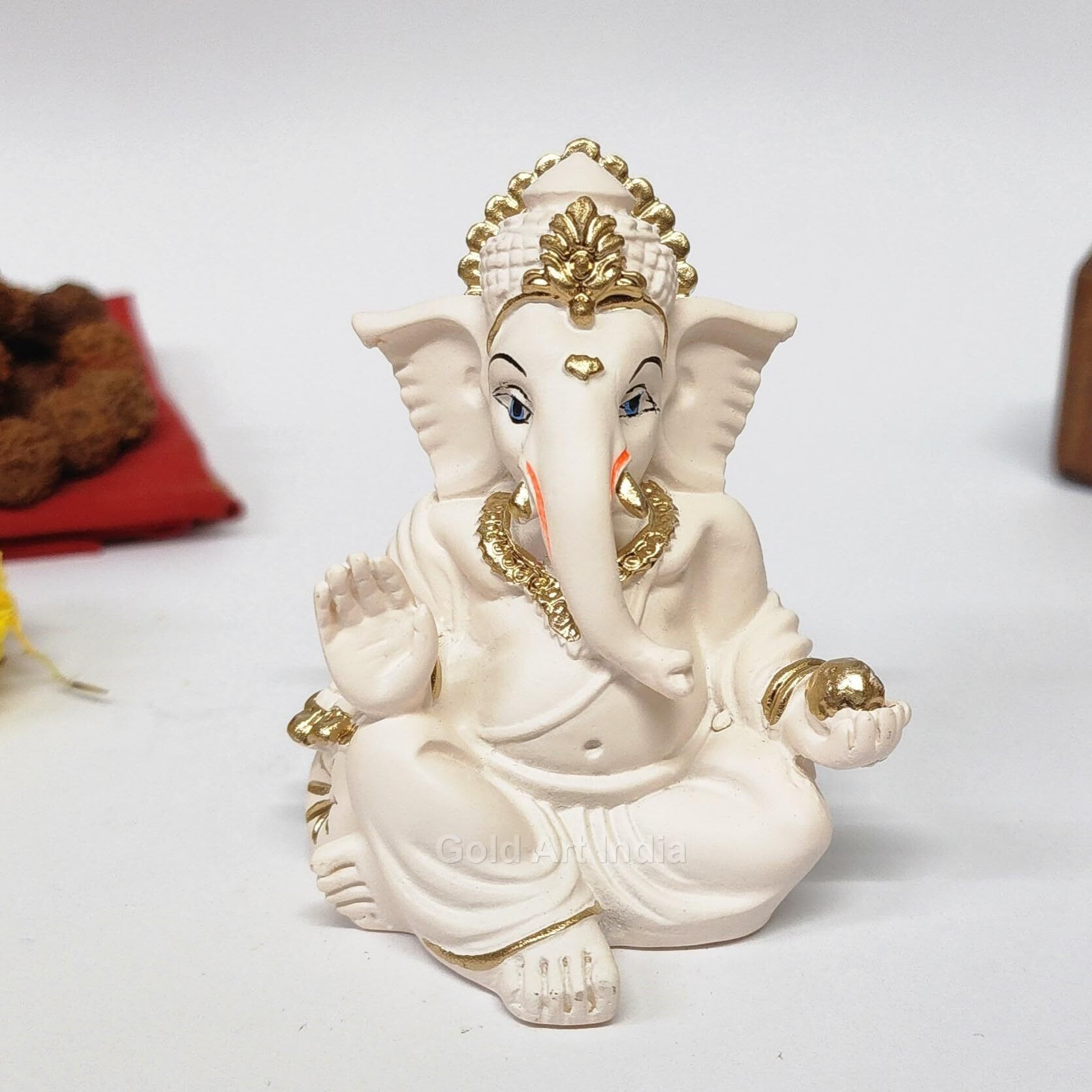 Gold Art India Ganesha Idol | Ganesh Statue for Home Decor | Ganesha murti for Office Desk, & Ganpati Idol for Car Dashboard | Unique Wedding & Birthday Gift (GADDIPEACHIVORY) 3.5