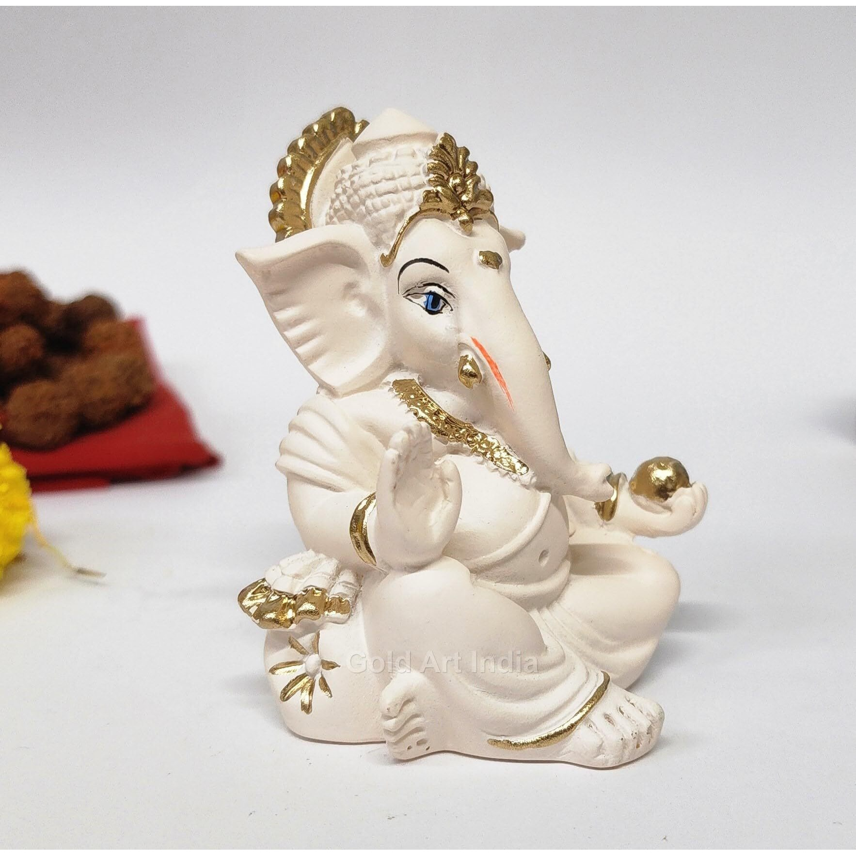 Gold Art India Ganesha Idol | Ganesh Statue for Home Decor | Ganesha murti for Office Desk, & Ganpati Idol for Car Dashboard | Unique Wedding & Birthday Gift (GADDIPEACHIVORY) 3.5