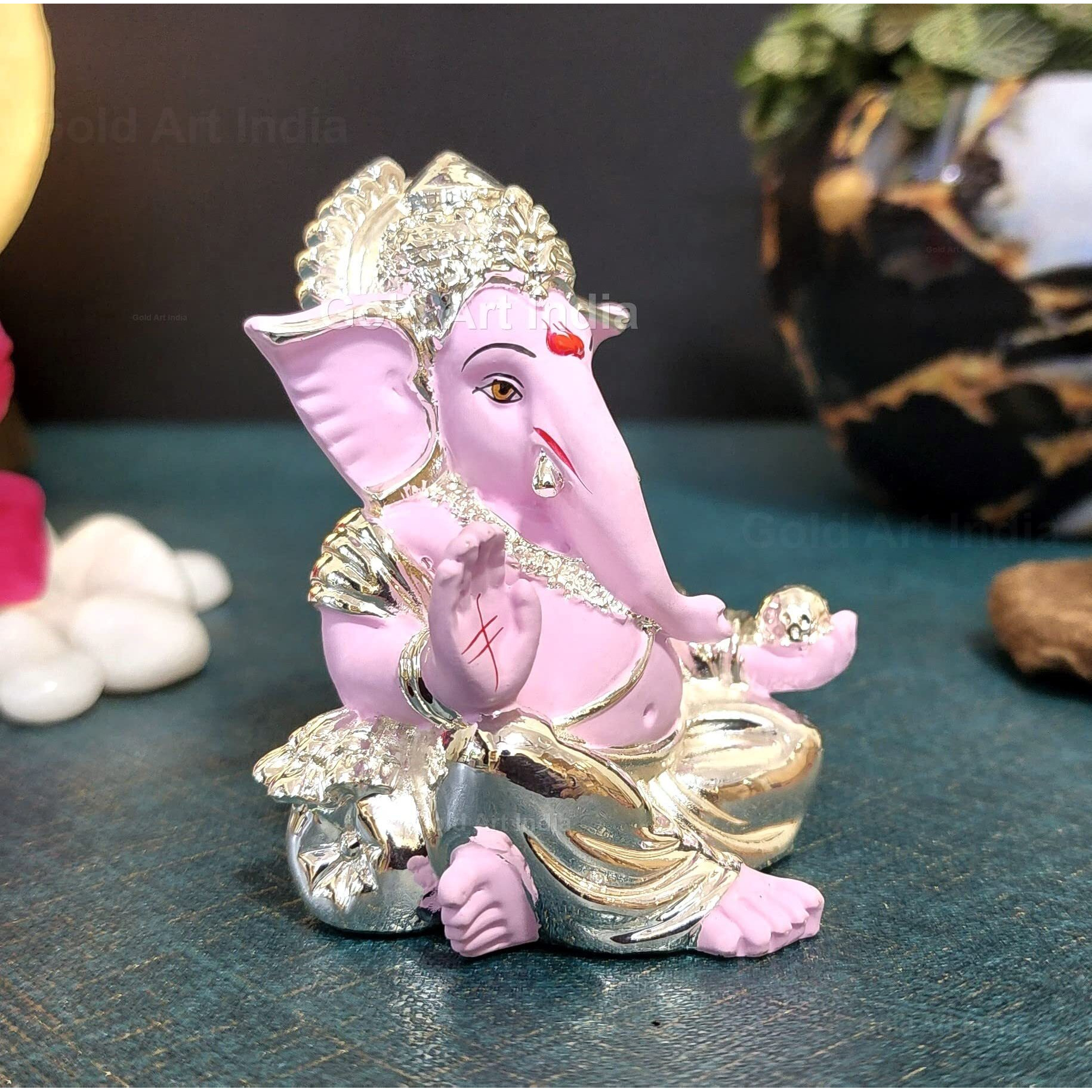 Gold Art India Silver Pink Plated Gaddi Ganesha for Car Dashboard Ganesha Murti Ganpati Idol for Home Decor Puja Lord Ganesh Statue Gift for Office Desk Puja Room Figurine