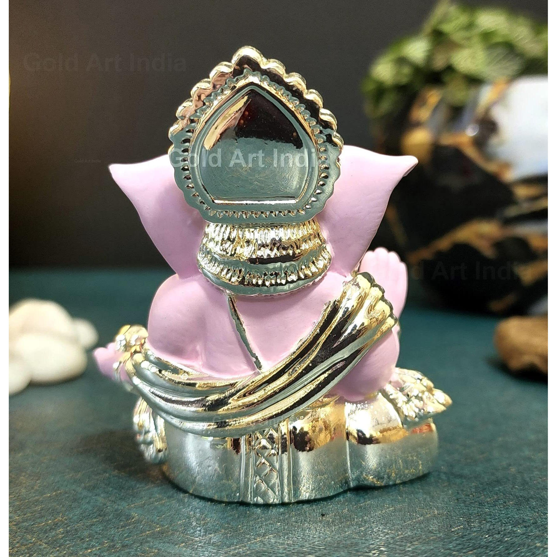 Gold Art India Silver Pink Plated Gaddi Ganesha for Car Dashboard Ganesha Murti Ganpati Idol for Home Decor Puja Lord Ganesh Statue Gift for Office Desk Puja Room Figurine