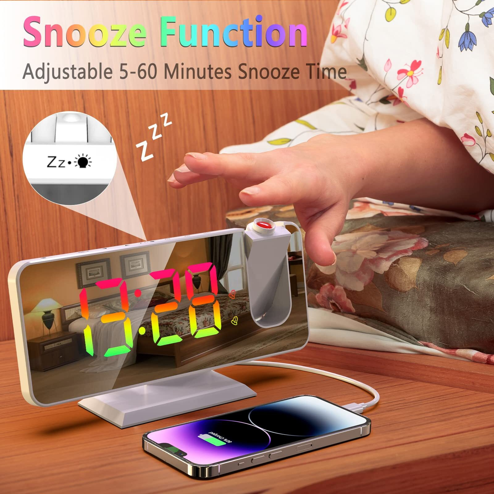 Threeh Projection Digital Alarm Clock For Bedrooms Dynamic Rgb Clock With Led Mirror Display Usb Charger Dual Alarm- White - Plastic, 18.5 Cm