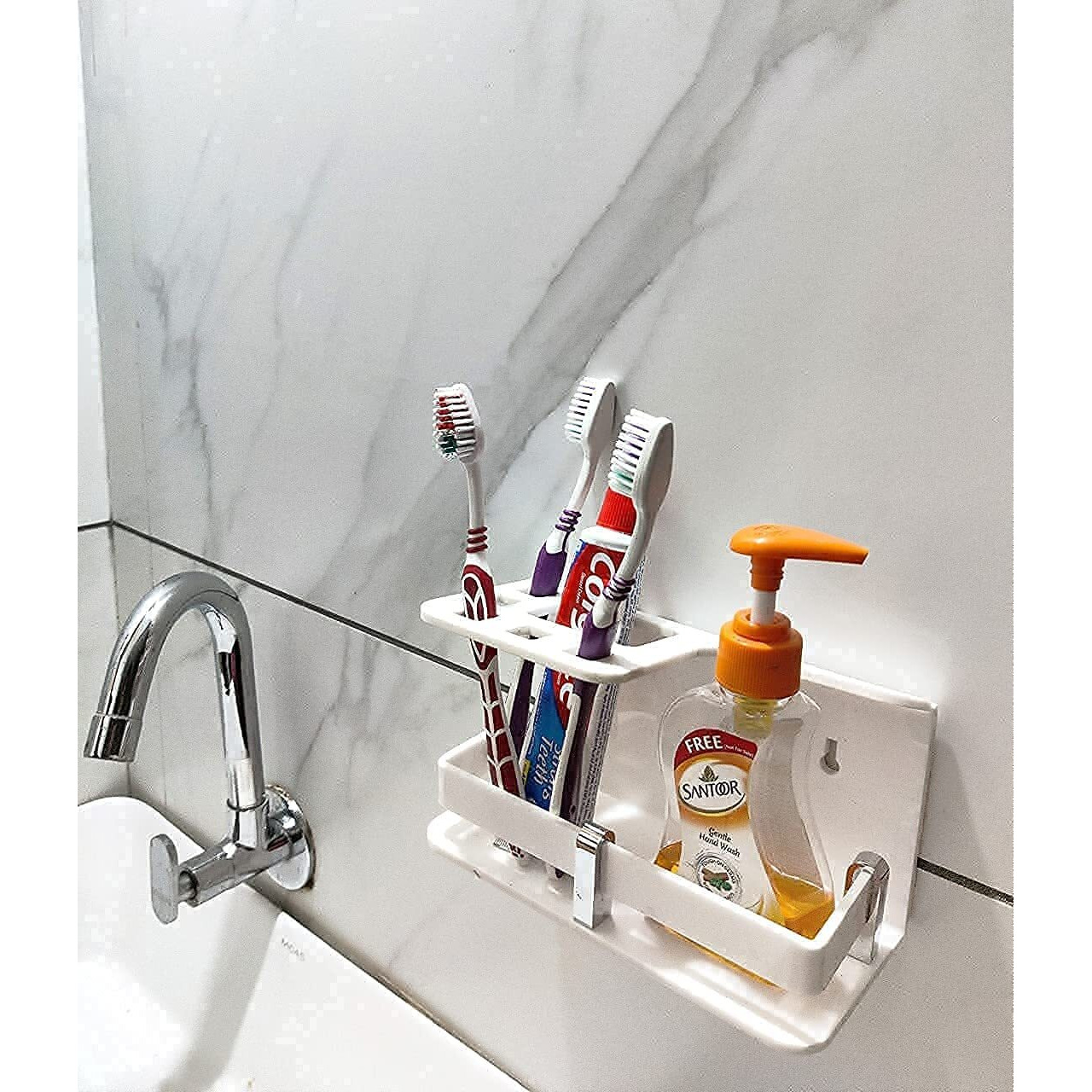 ZICOTO Wall Mounted self Adhesive Acrylic Tooth Brush Holder, Toothpaste Holder Stand, Tumbler Holder, Toothpaste for Bathroom Stand Organizer Rack for Bathroom Accessories White SENITIZER