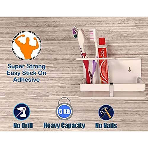 ZICOTO Wall Mounted self Adhesive Acrylic Tooth Brush Holder, Toothpaste Holder Stand, Tumbler Holder, Toothpaste for Bathroom Stand Organizer Rack for Bathroom Accessories White SENITIZER