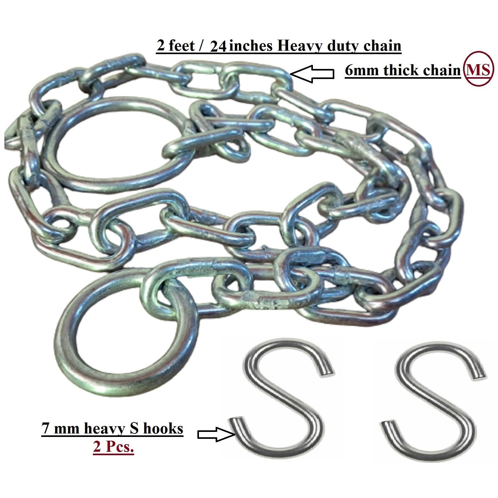 Q1 Beads 2 Feet Metal Lock Chain Strong & Heavy Duty Made in 6 mm Rod 200 KGS Capacity for Travel & Safety, Garden Swing/Playing Jhula Chain with 2 Pcs. S Hooks (Silver)