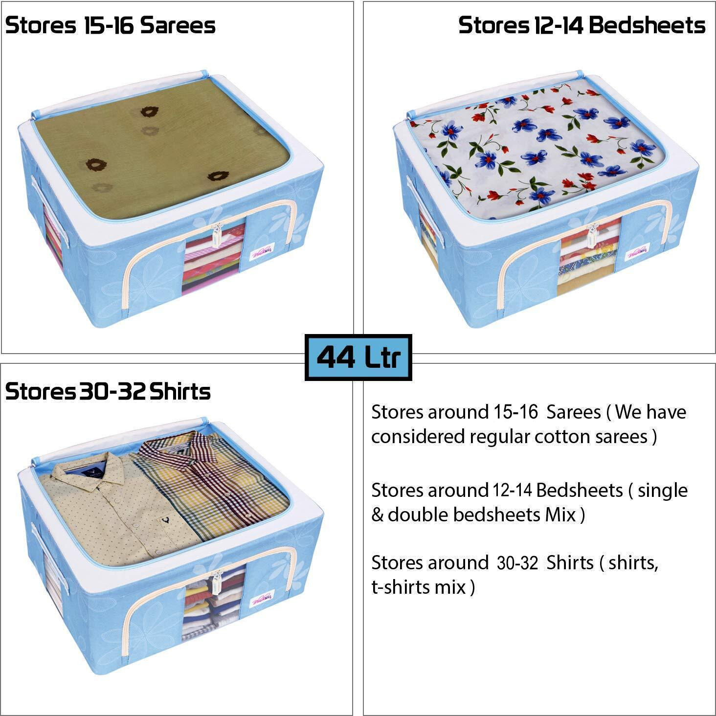 BlushBees Living Box - Storage Boxes for Clothes, Saree Cover Bags - 44 Litre (Pack of 1, Blue, Oxford fabric)