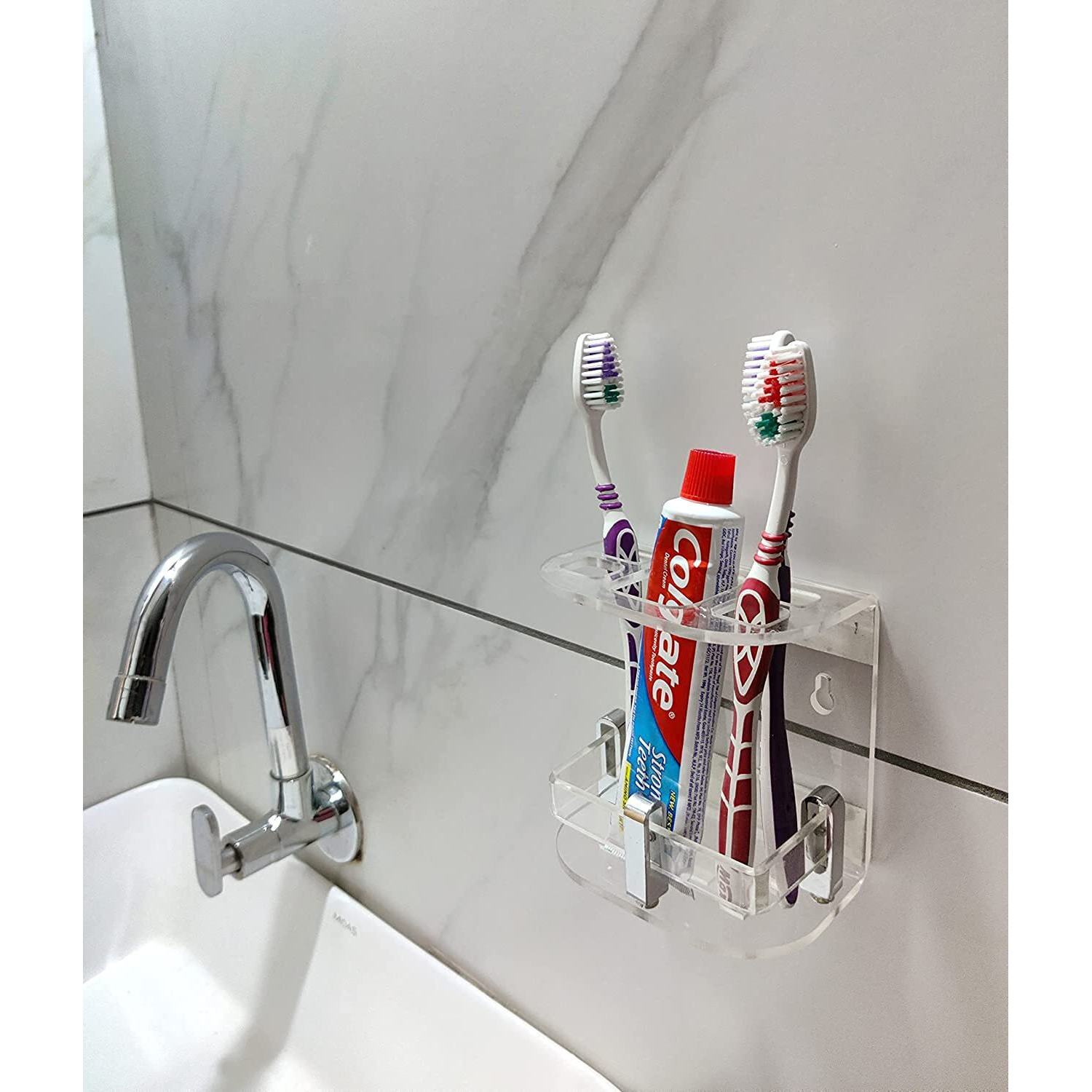 ZICOTO Wall Mounted self Adhesive Acrylic Tooth Brush Holder, Toothpaste Holder Stand, Tumbler Holder, Toothpaste for Bathroom Stand Organizer Rack for Bathroom Accessories (Clear Small A.C)