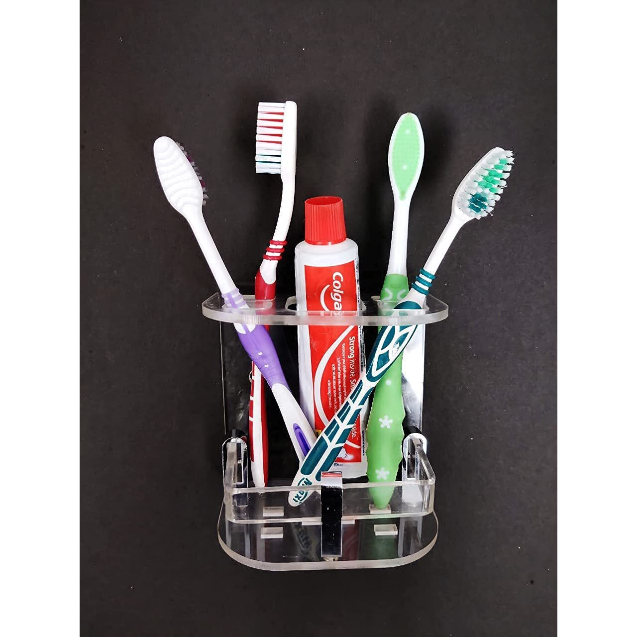 ZICOTO Wall Mounted self Adhesive Acrylic Tooth Brush Holder, Toothpaste Holder Stand, Tumbler Holder, Toothpaste for Bathroom Stand Organizer Rack for Bathroom Accessories (Clear Small A.C)