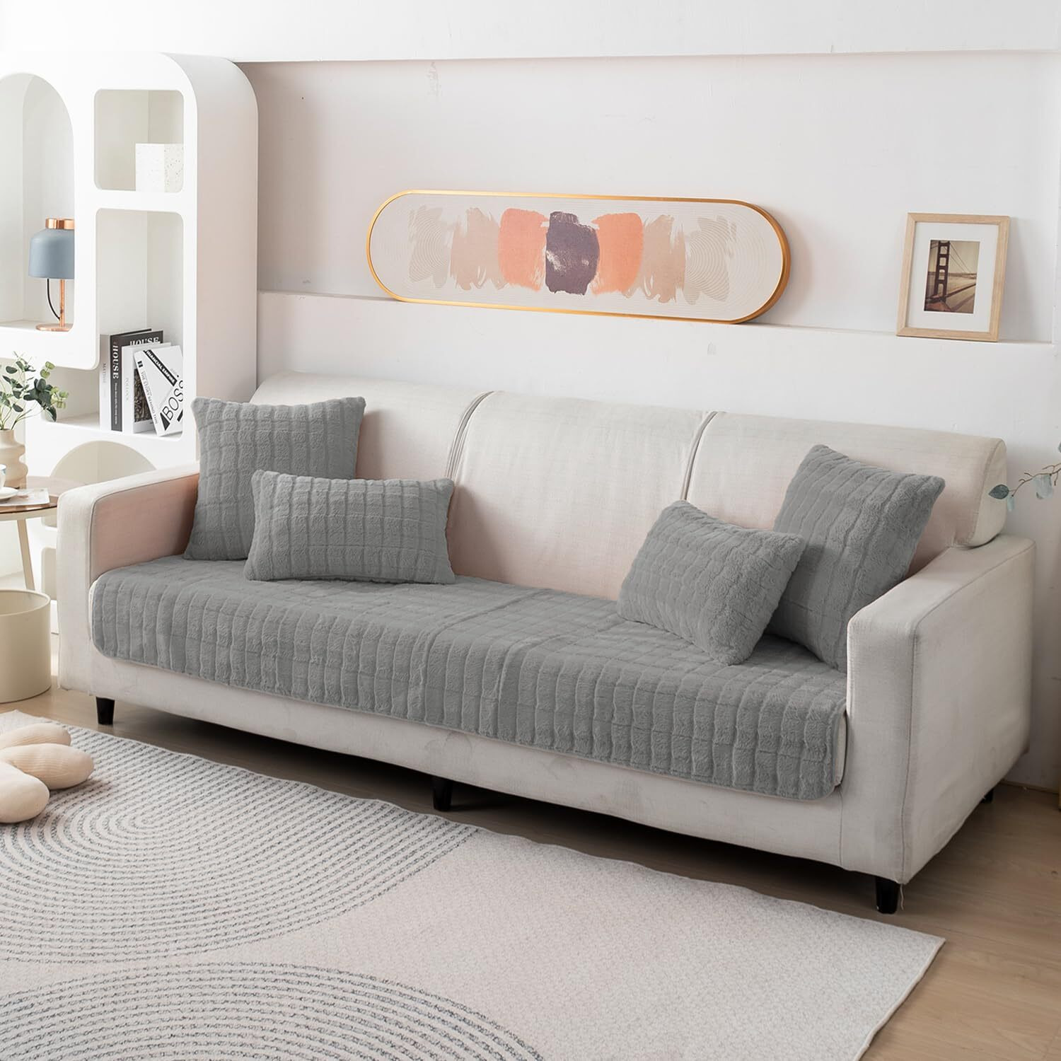 HOKIPO Plush Anti Slip Sofa Cover Mat, 90(D) x 60(L) cm, Light Grey (NW2-AR-5030-LGRY)