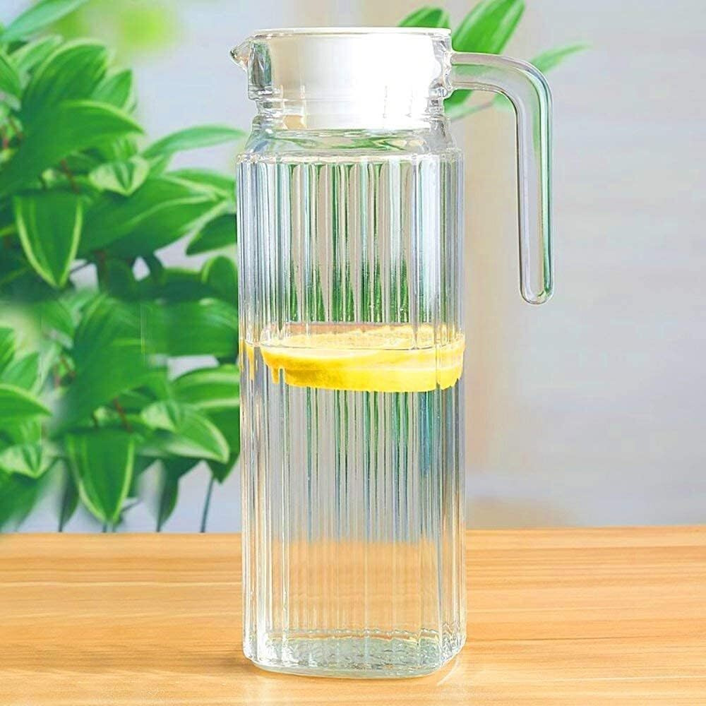 Jinelza Lining Water jug 1100 ML Strips Glass Jug Pitcher with White Lid Drinking Beverage Jug, Glass Water jug for Home Clear Glass (Lining Water Jug)