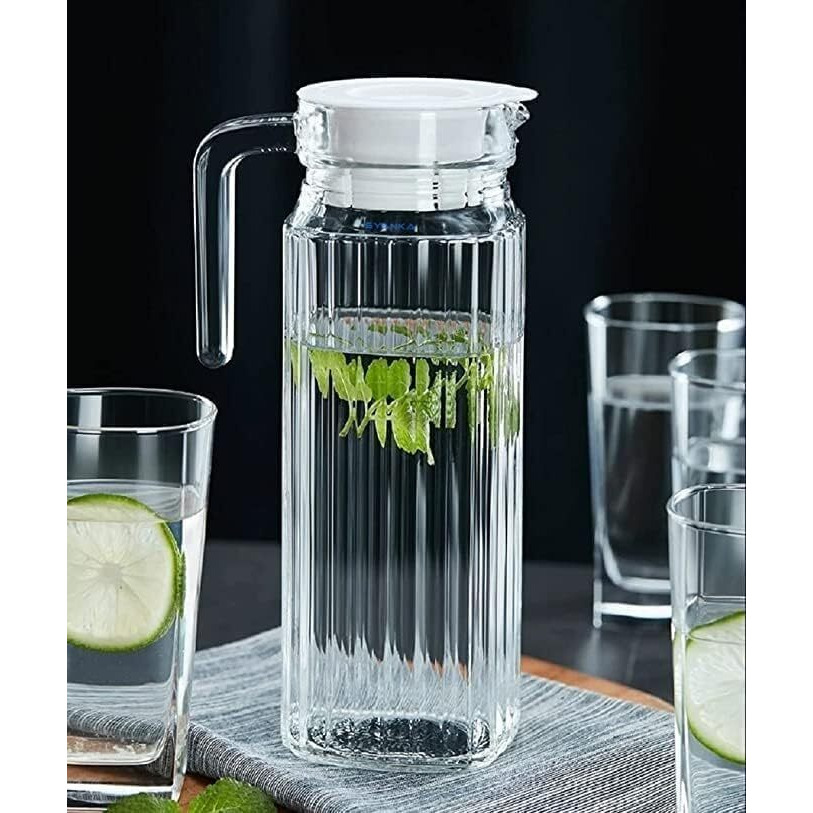 Jinelza Lining Water jug 1100 ML Strips Glass Jug Pitcher with White Lid Drinking Beverage Jug, Glass Water jug for Home Clear Glass (Lining Water Jug)