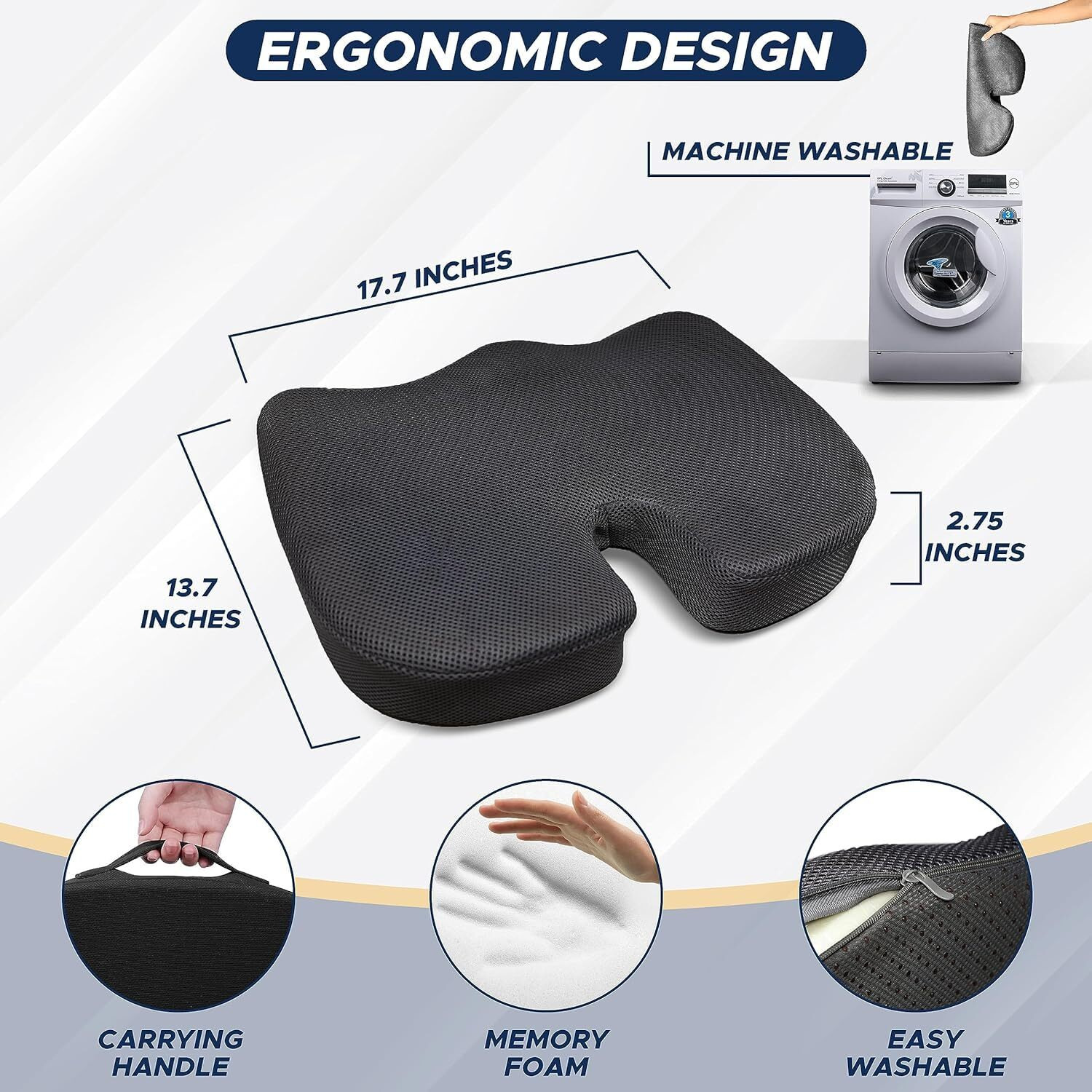 Orthopedic Seat Cushion - Standard, 17.7 x 13.8 Inch Memory Foam Gel Chair Cushions for Back, Tailbone, Butt and Coccyx Discomfort Relief - Support Pillow for Office, Car, Home & Wheelchair (Design 4)