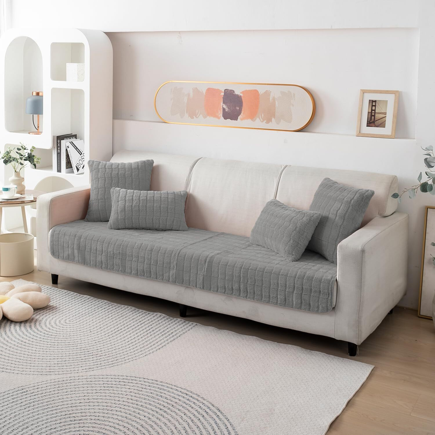 HOKIPO Premium Plush Anti Slip Sofa Cover Mat, 90(D) x 120(L) cm, Light Grey (AR-5033-LGRY)