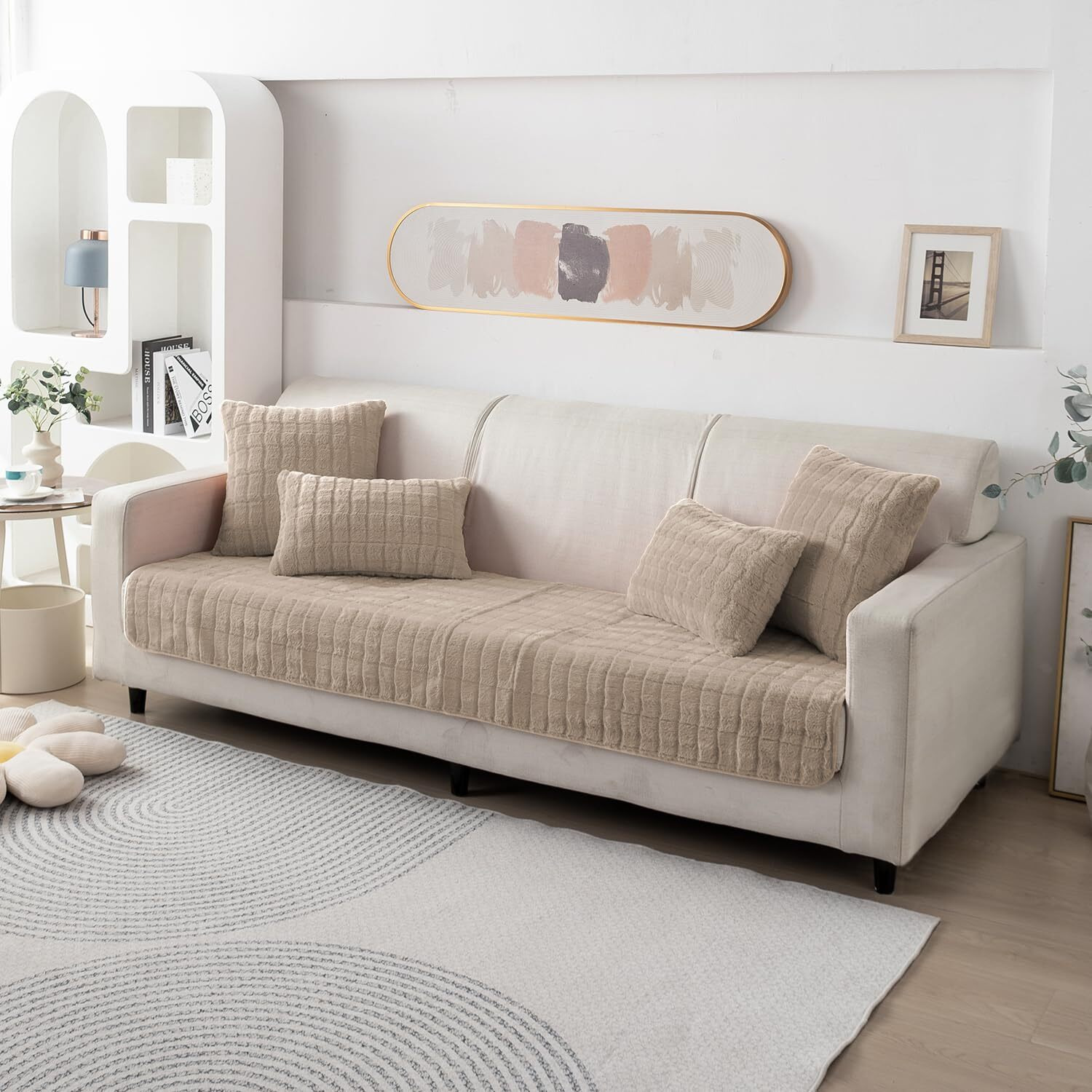 HOKIPO Premium Plush Anti Slip Sofa Cover Mat, 90(D) x 120(L) cm, Beige (AR-5033-BGE)