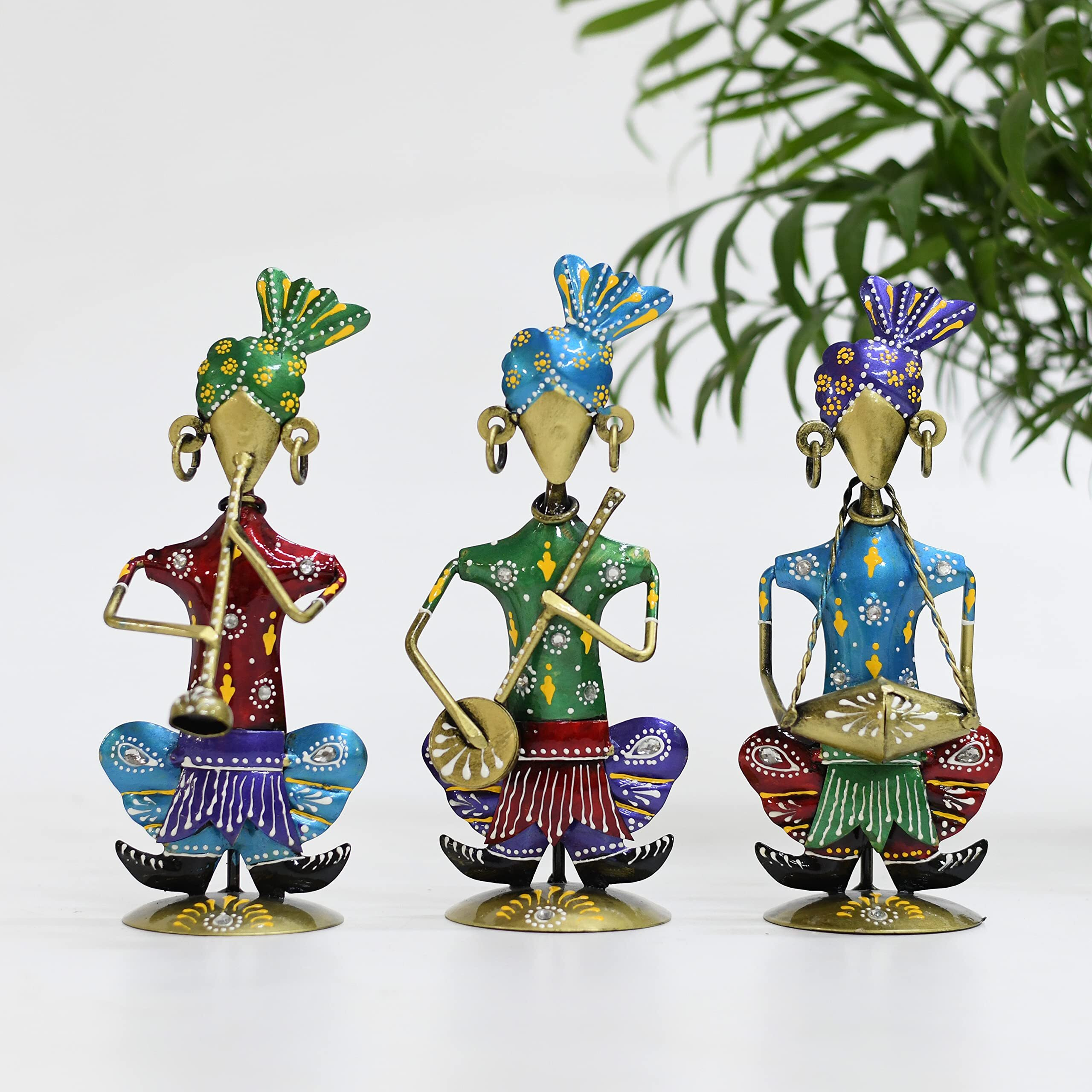 Lamcy Plaza Rajasthani Metal Musician Playing Instrument Home Decor Multicolor Showpiece | Office | Bedroom | Gifting | Table Top Decor | Each Size L3.5 X W3 X H8.5 Inch | Set of 3